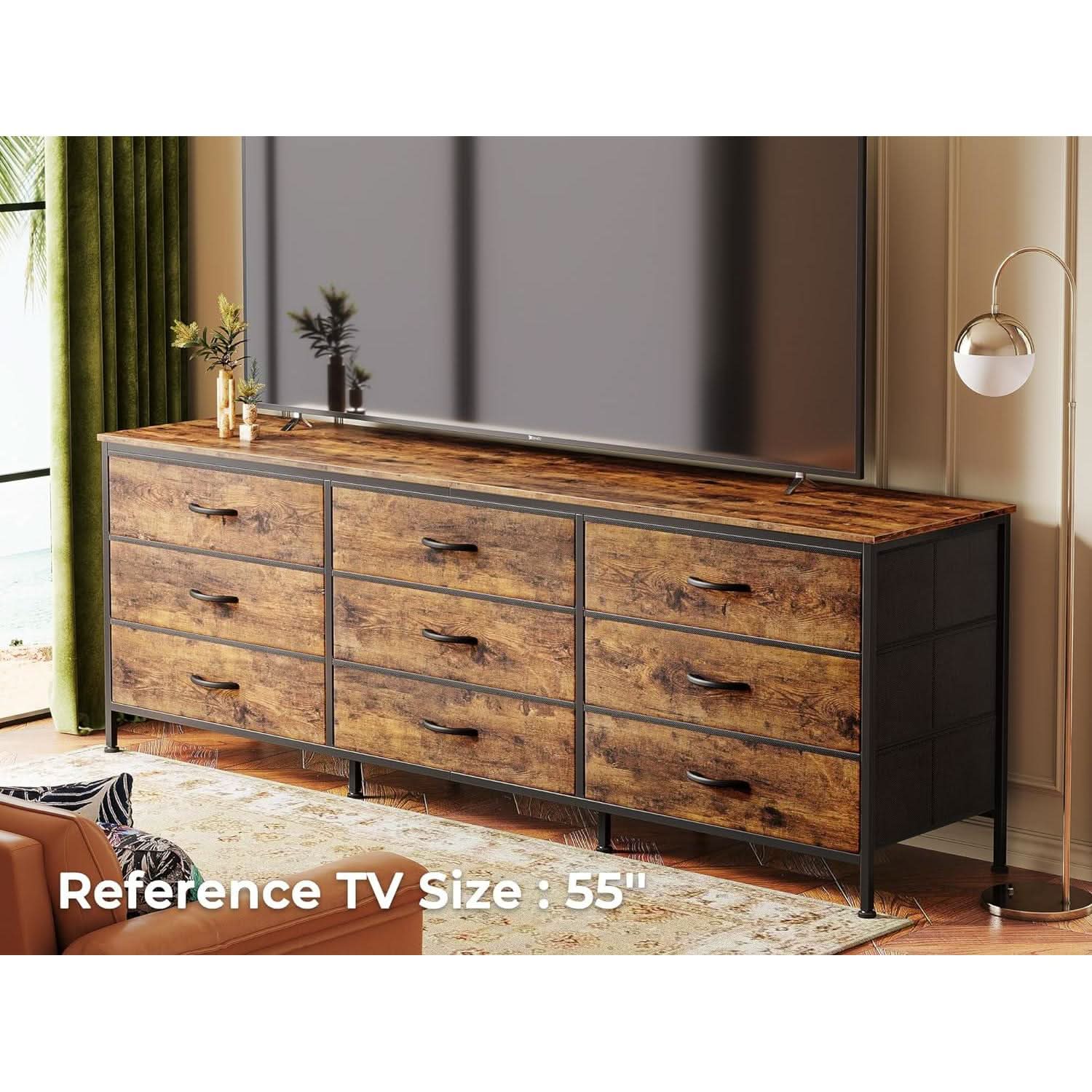 Rustic Brown 9 Drawer Dresser With TV Stand Media Console