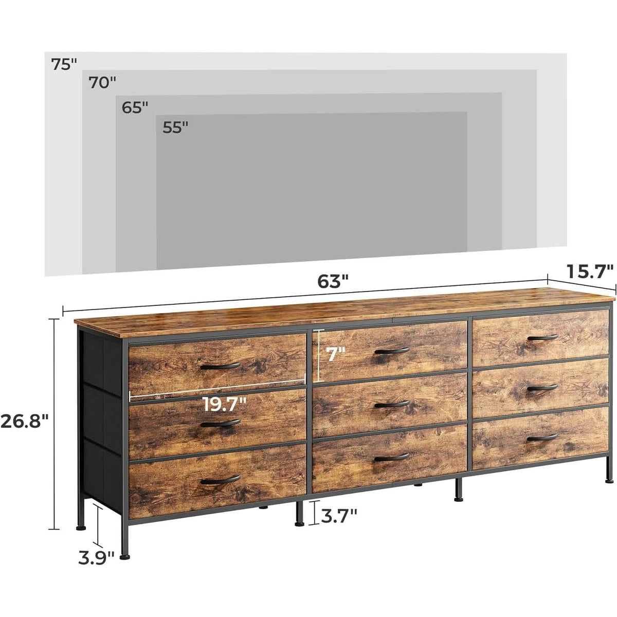 Rustic Brown 9 Drawer Dresser With TV Stand Media Console