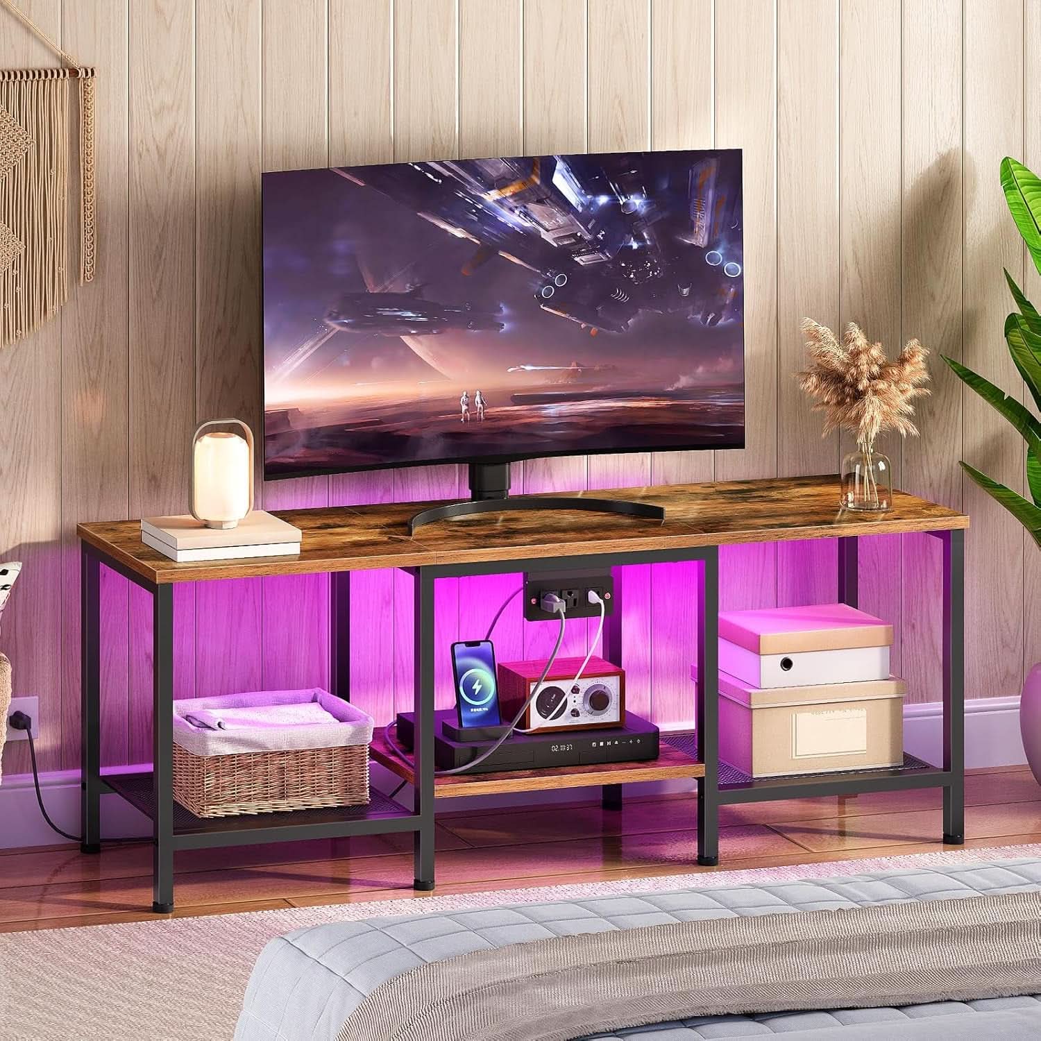 Rustic Brown And Black LED TV Stand With Charging Station Up To 55 Inches