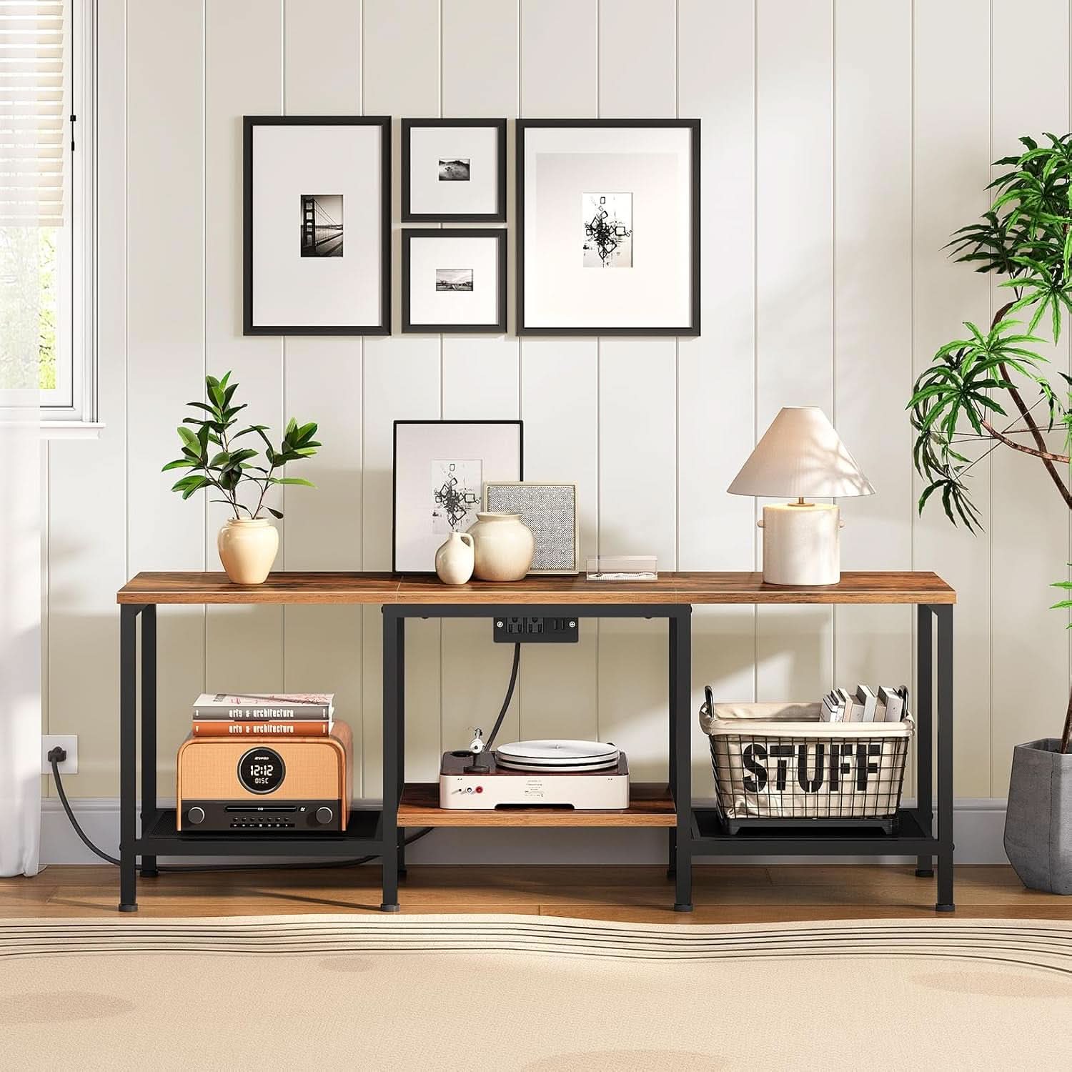 Rustic Brown And Black LED TV Stand With Charging Station Up To 55 Inches