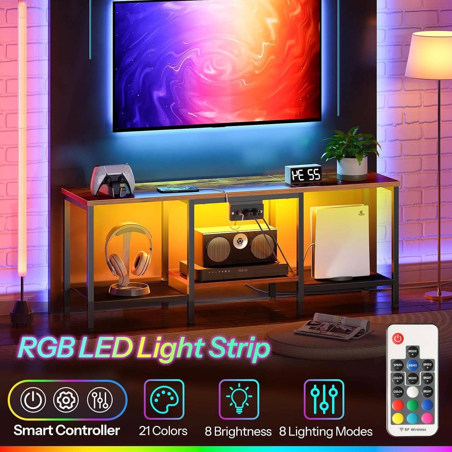 Rustic Brown And Black LED TV Stand With Charging Station Up To 55 Inches