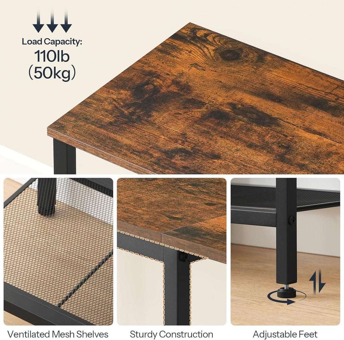 Rustic Brown And Black LED TV Stand With Charging Station Up To 55 Inches