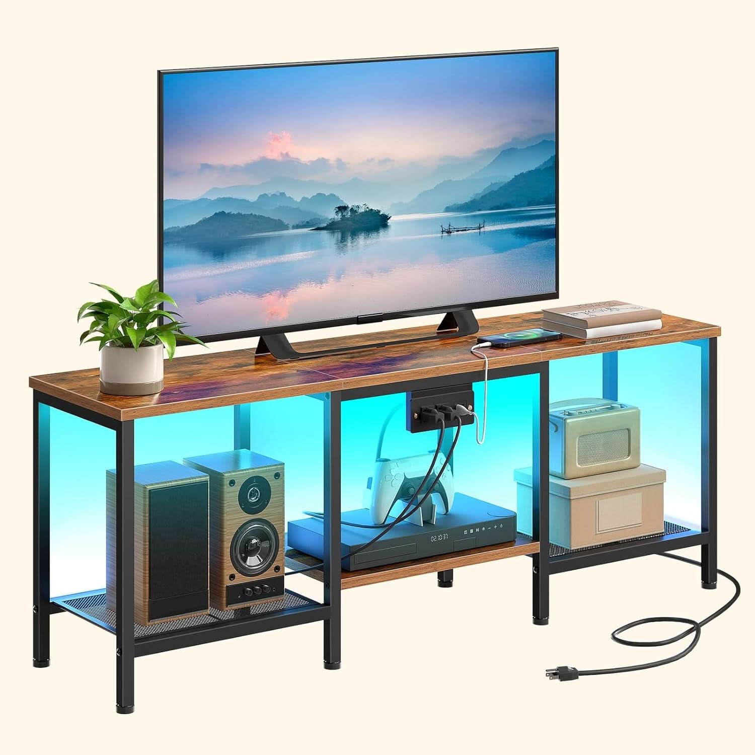 Rustic Brown And Black LED TV Stand With Charging Station Up To 55 Inches