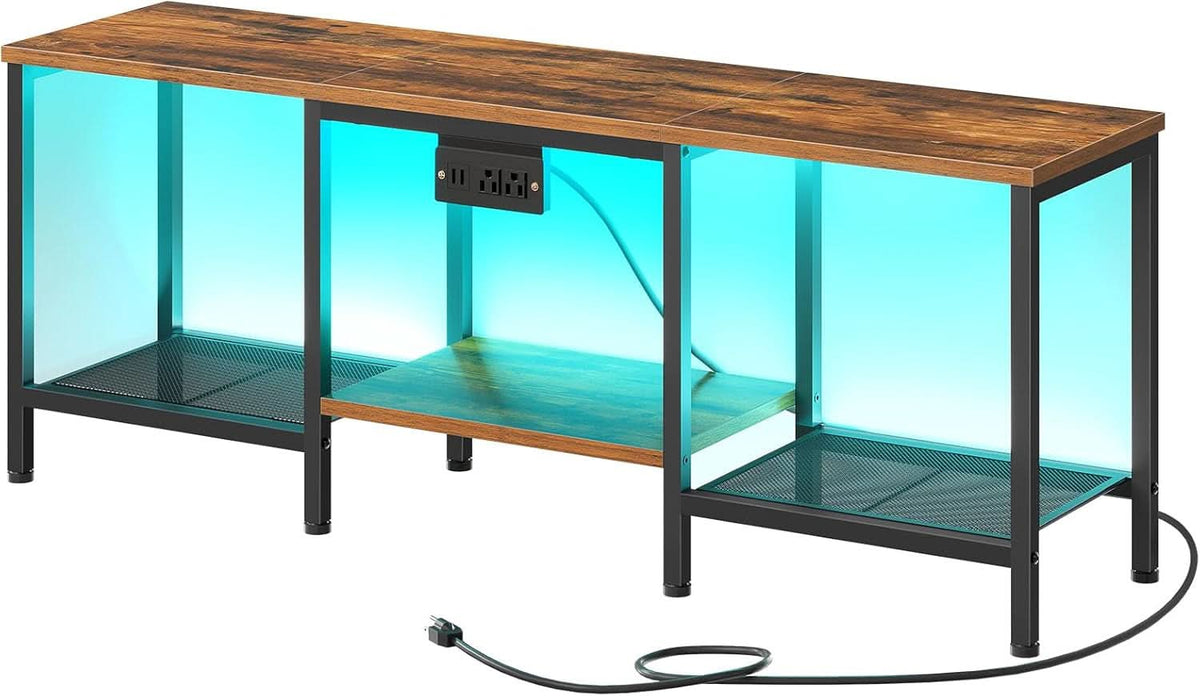 Rustic Brown And Black LED TV Stand With Charging Station Up To 55 Inches