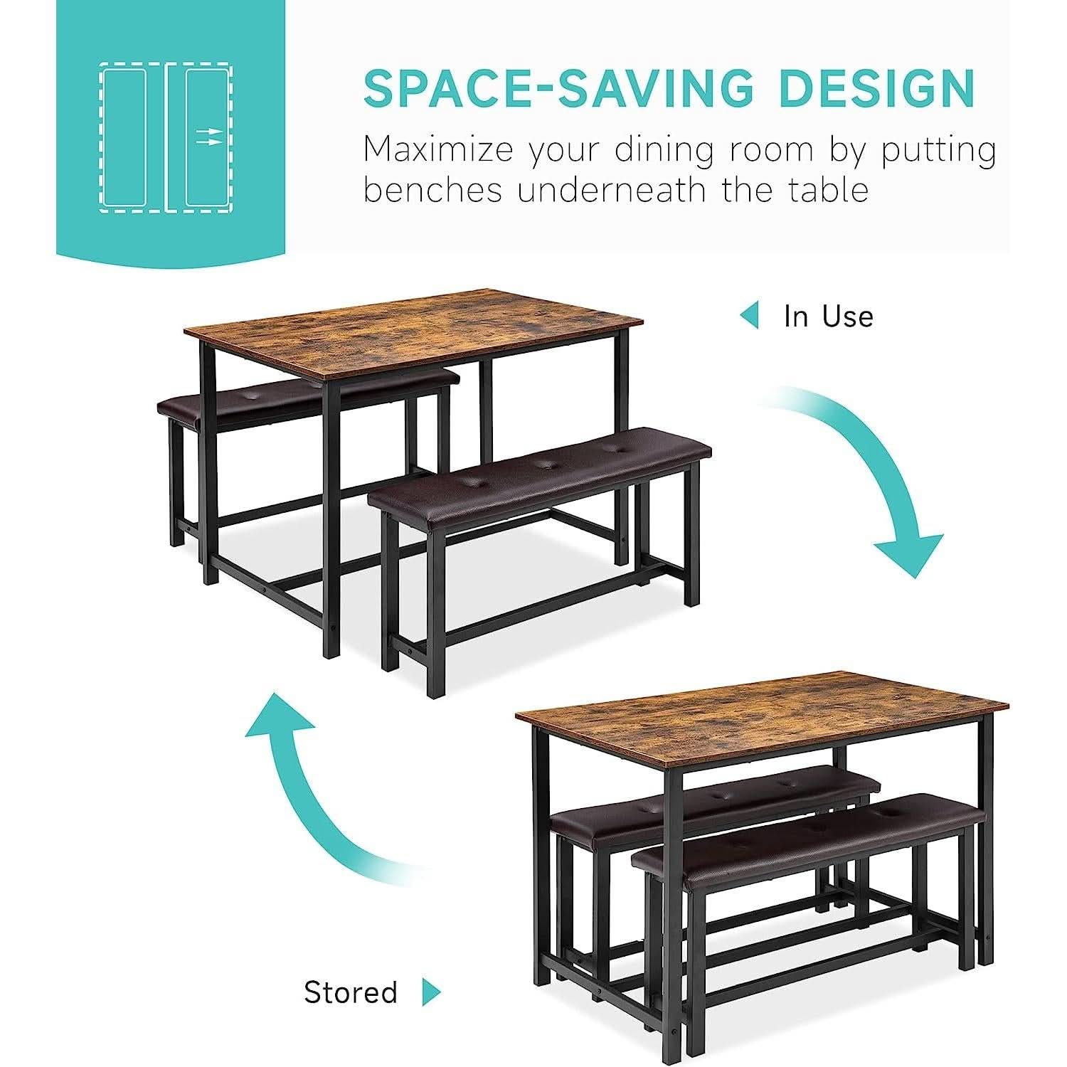 Rustic Brown Dining Table Set For 4 With Cushioned Benches