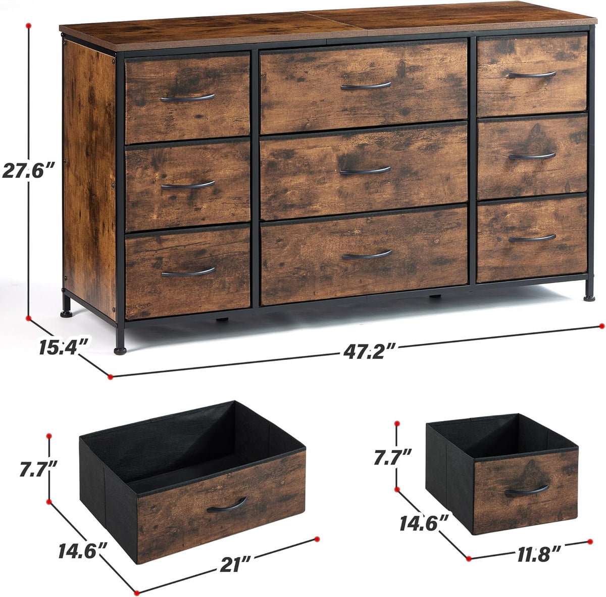 Rustic Brown Dresser With 9 Drawers And Metal Frame