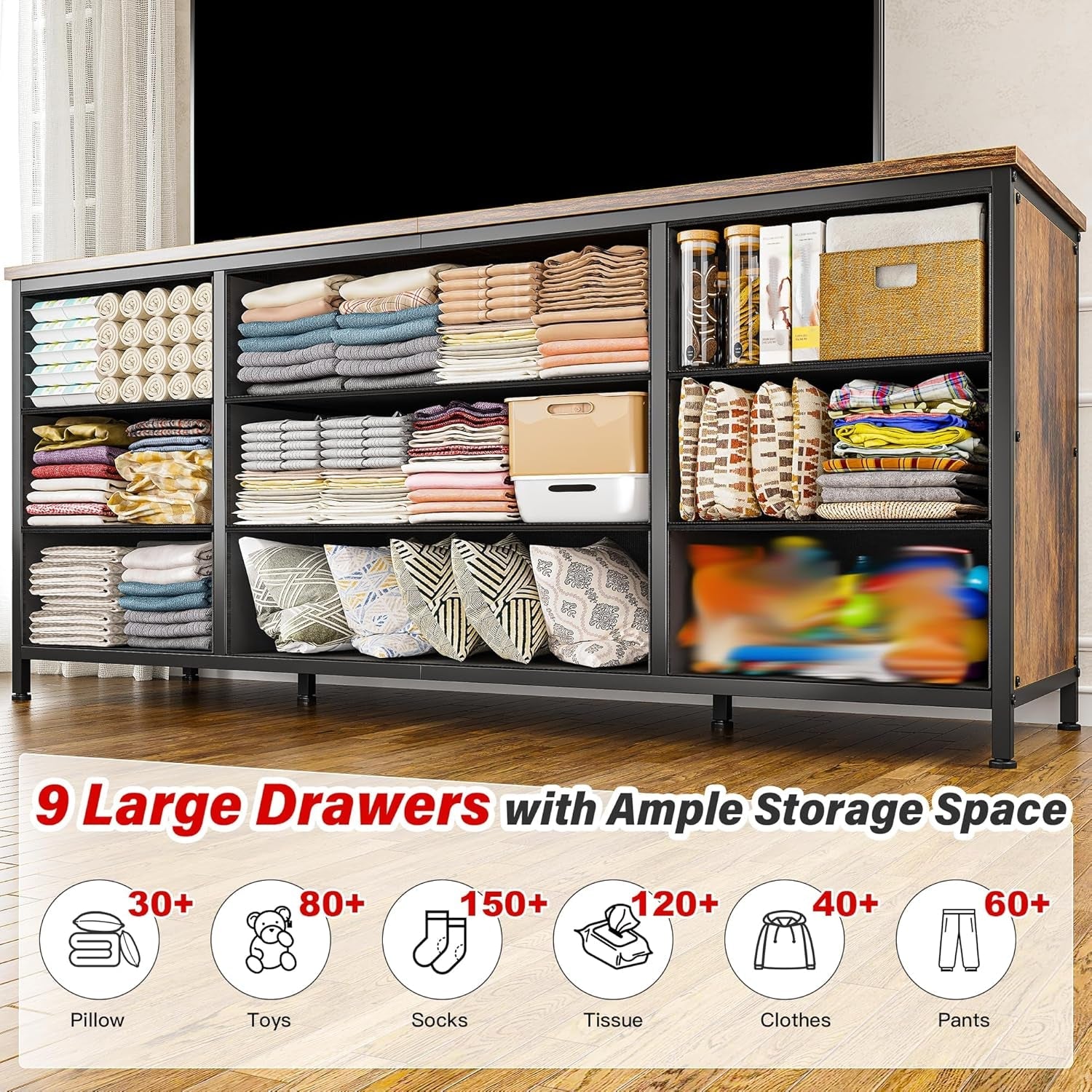 Rustic Brown Dresser With 9 Drawers And Metal Frame