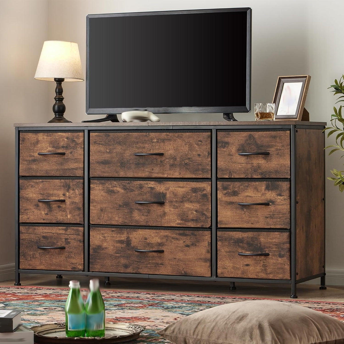 Rustic Brown Dresser With 9 Drawers And Metal Frame