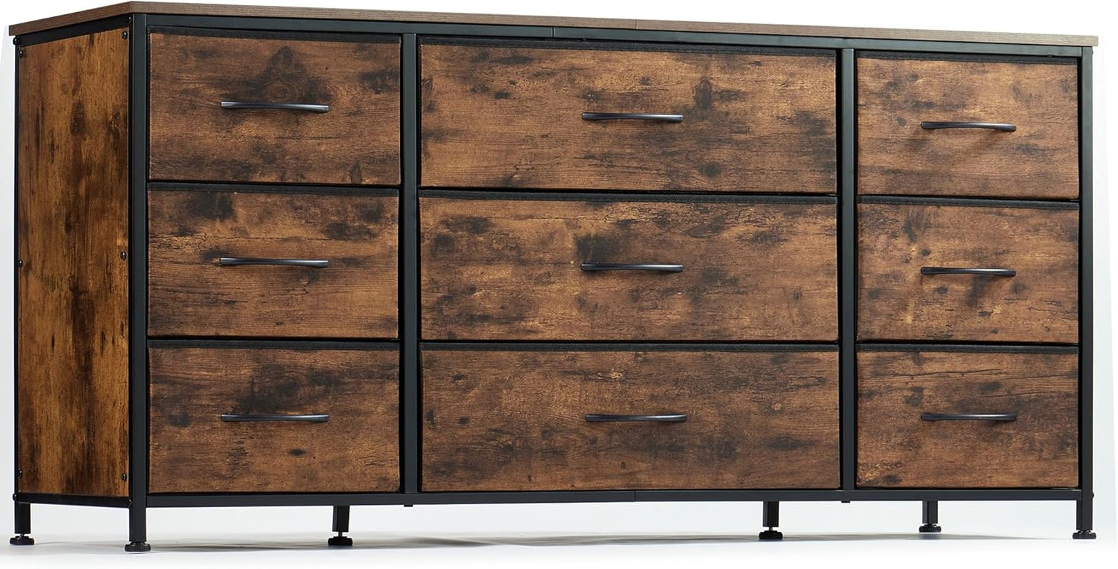 Rustic Brown Dresser With 9 Drawers And Metal Frame