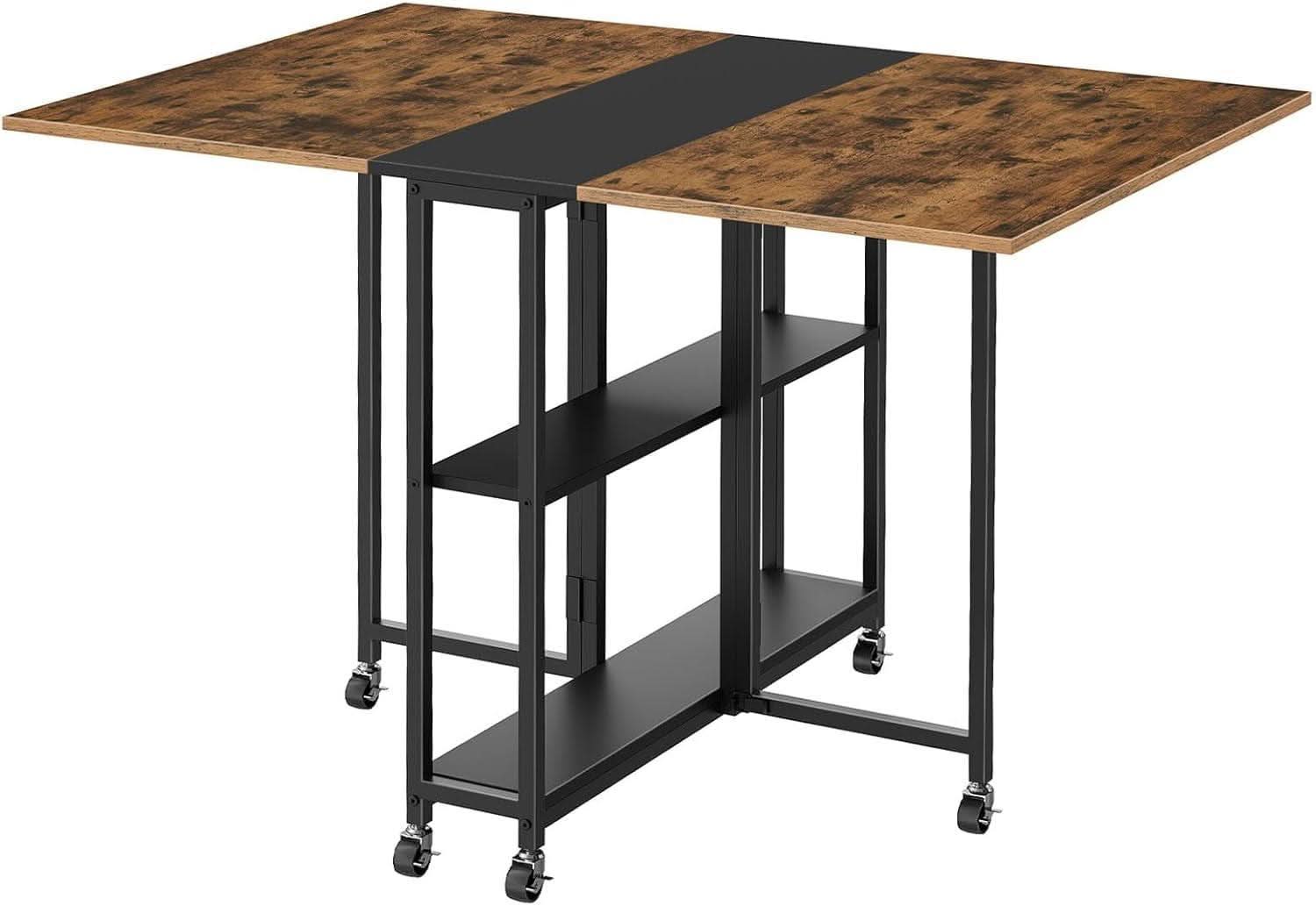 Rustic Brown Expandable Folding Dining Table With 6 Wheels