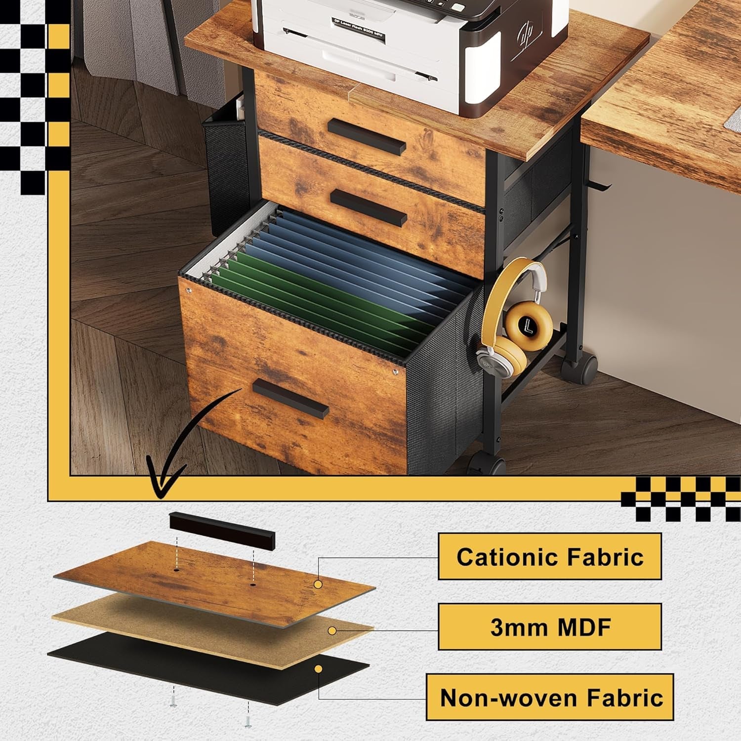 Rustic Brown Fabric Filing Cabinet With 3 Drawers Office