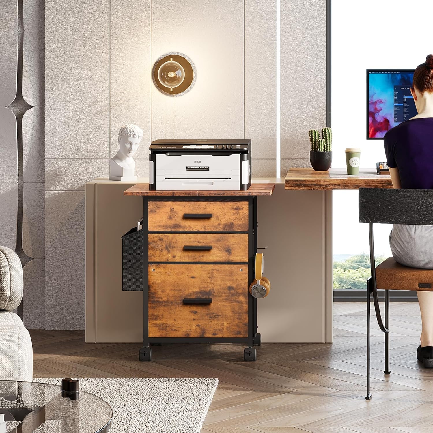 Rustic Brown Fabric Filing Cabinet With 3 Drawers Office