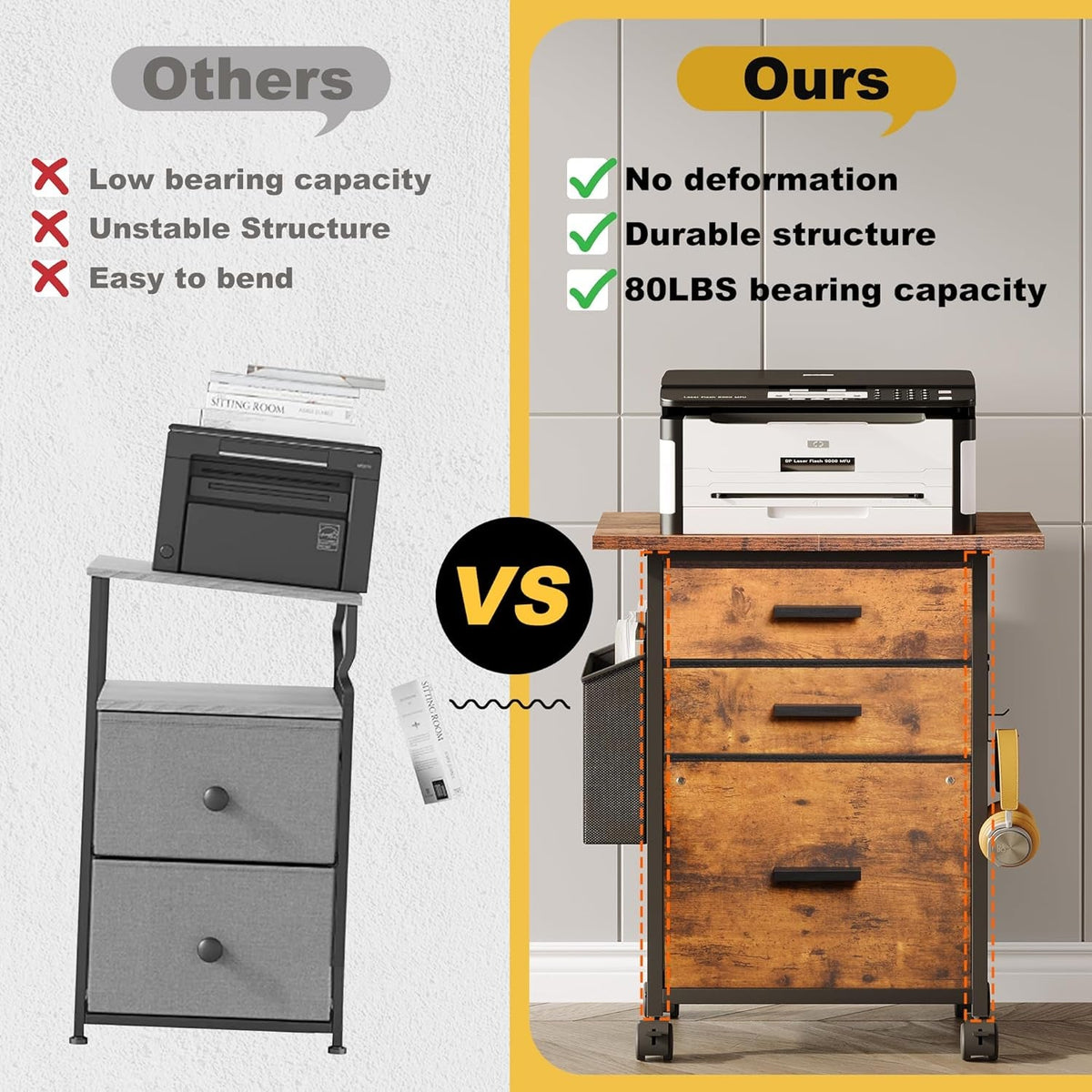Rustic Brown Fabric Filing Cabinet With 3 Drawers Office