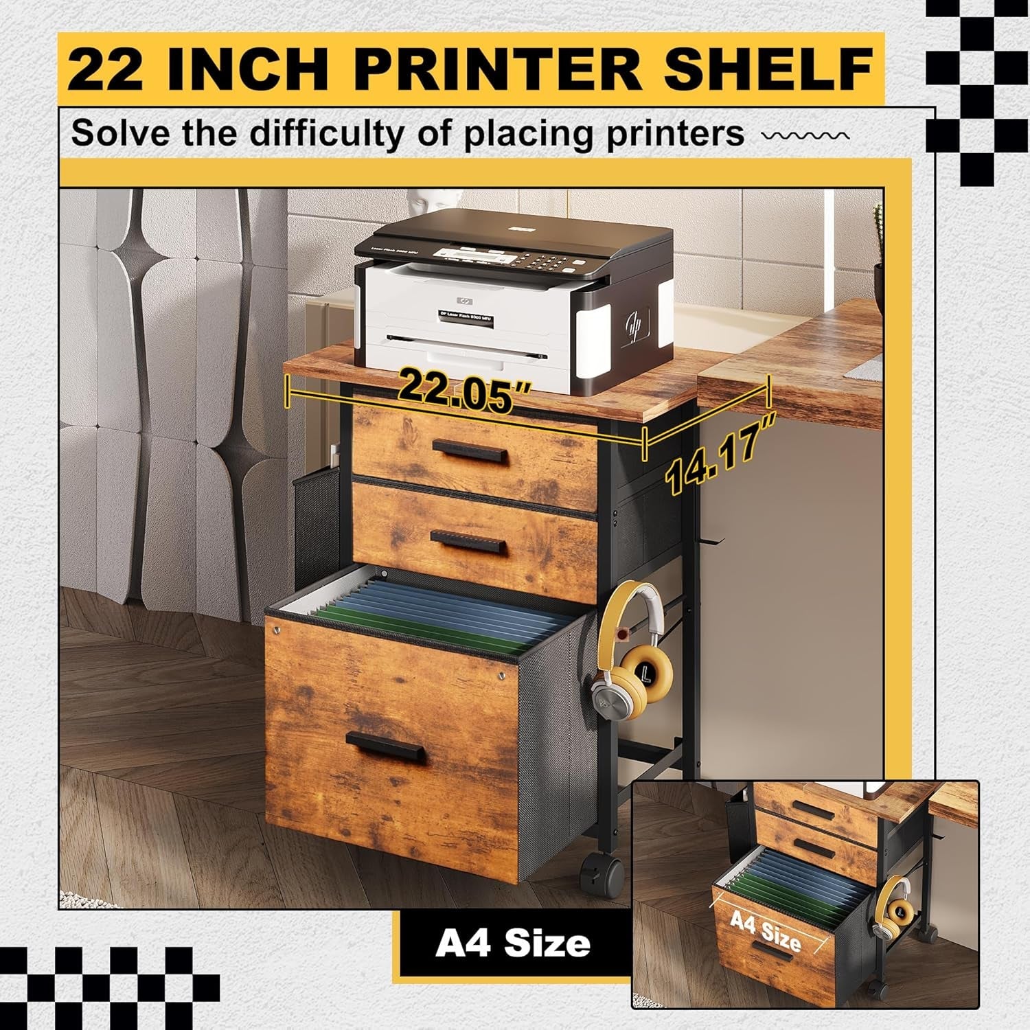 Rustic Brown Fabric Filing Cabinet With 3 Drawers Office