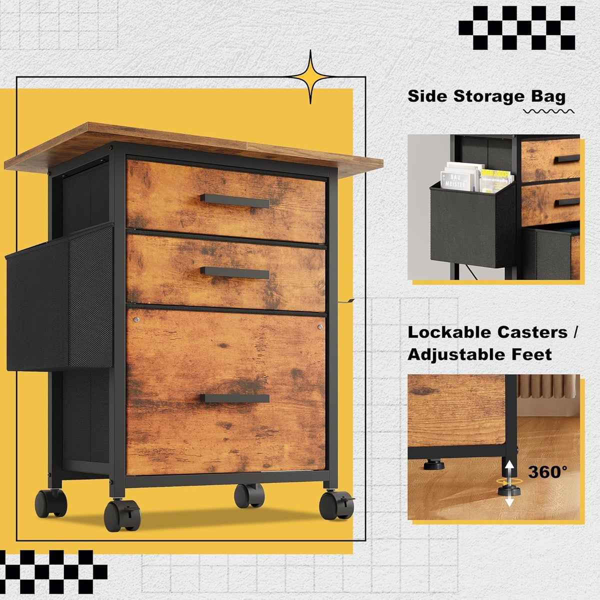 Rustic Brown Fabric Filing Cabinet With 3 Drawers Office