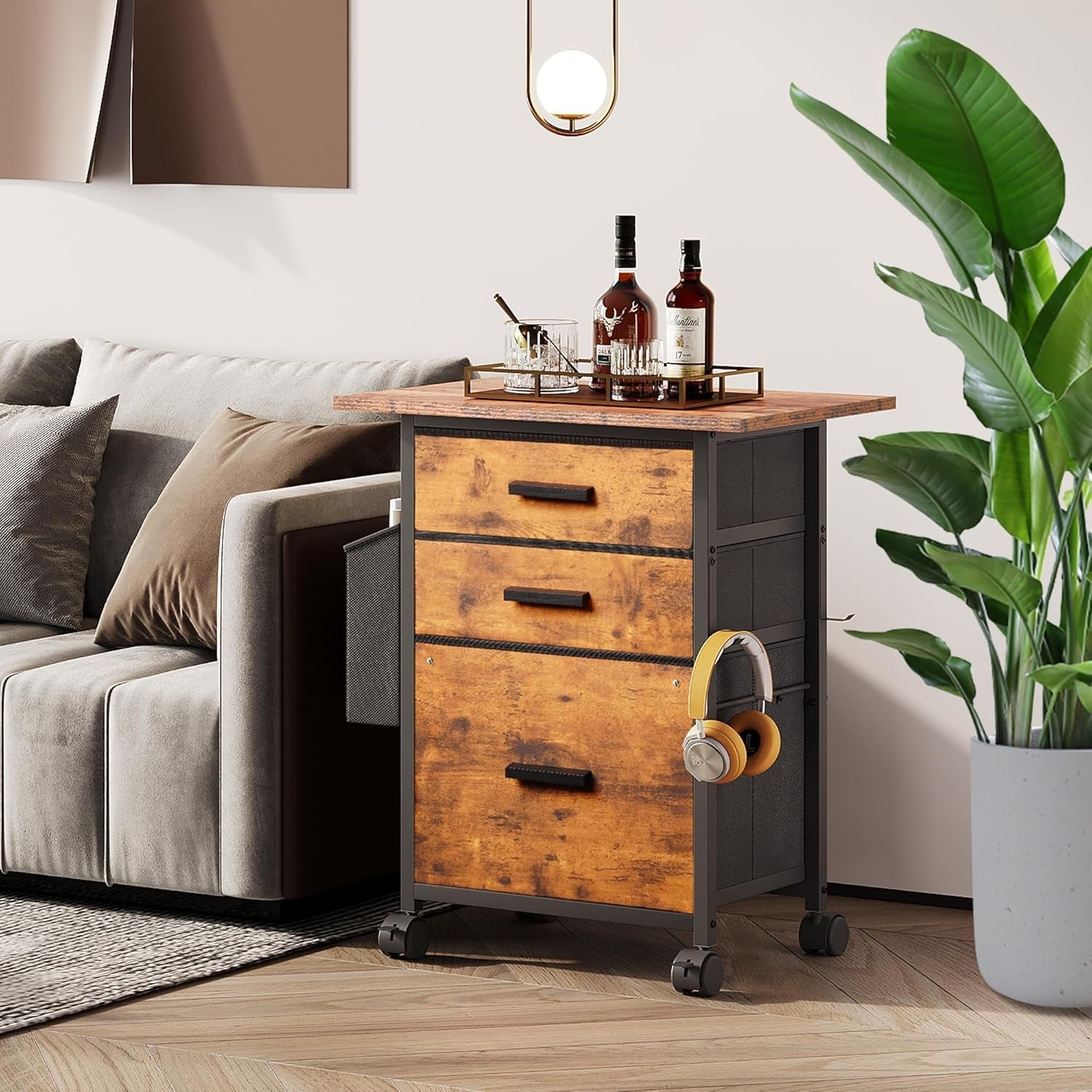 Rustic Brown Fabric Filing Cabinet With 3 Drawers Office
