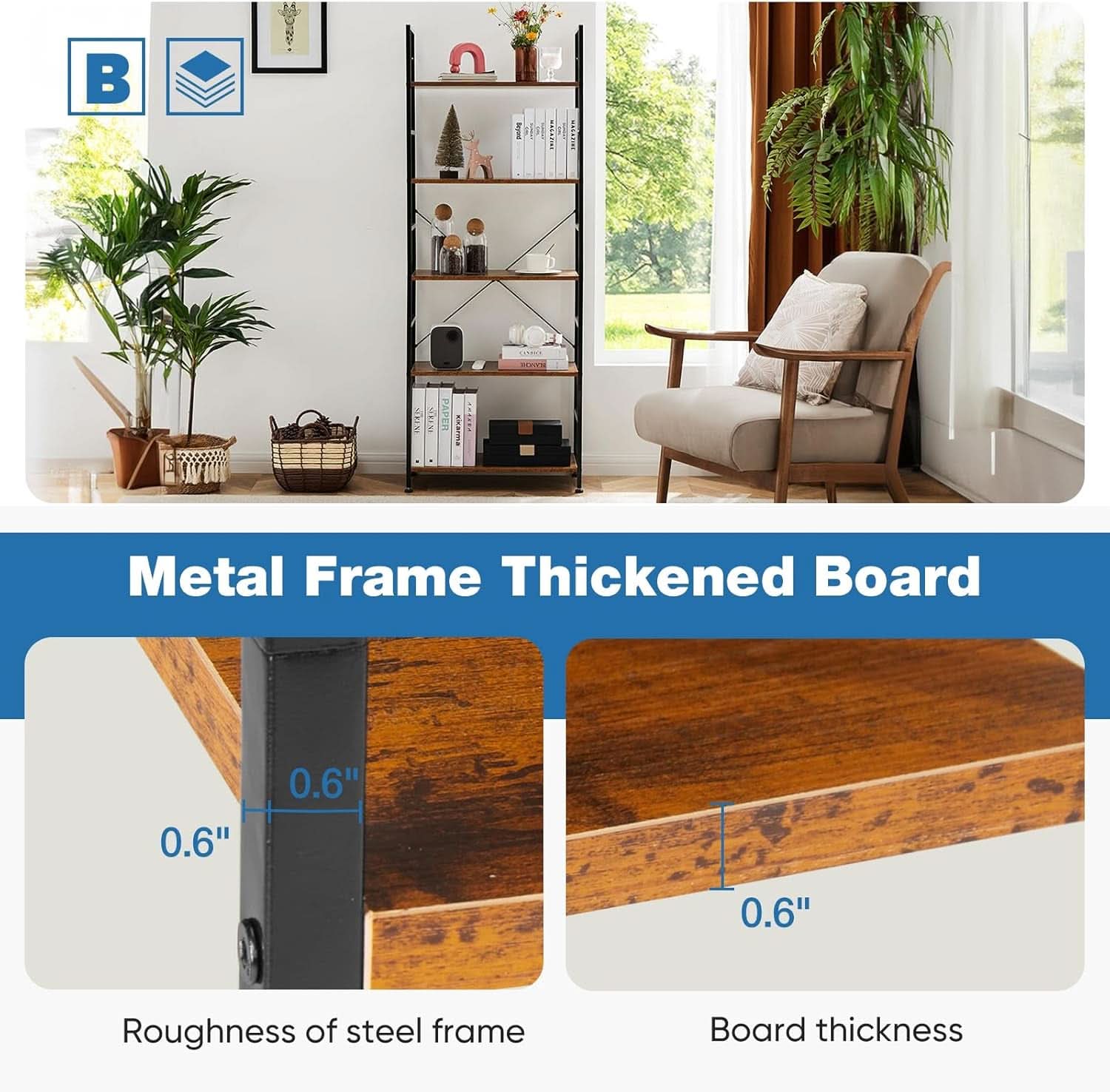 Rustic Brown Five Tier Bookshelf Narrow Space Saver