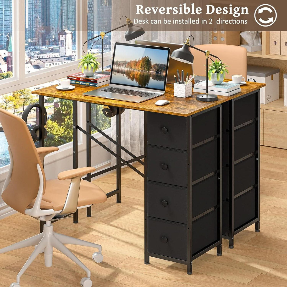 Rustic Brown Home Office Computer Desk With Fabric Drawers