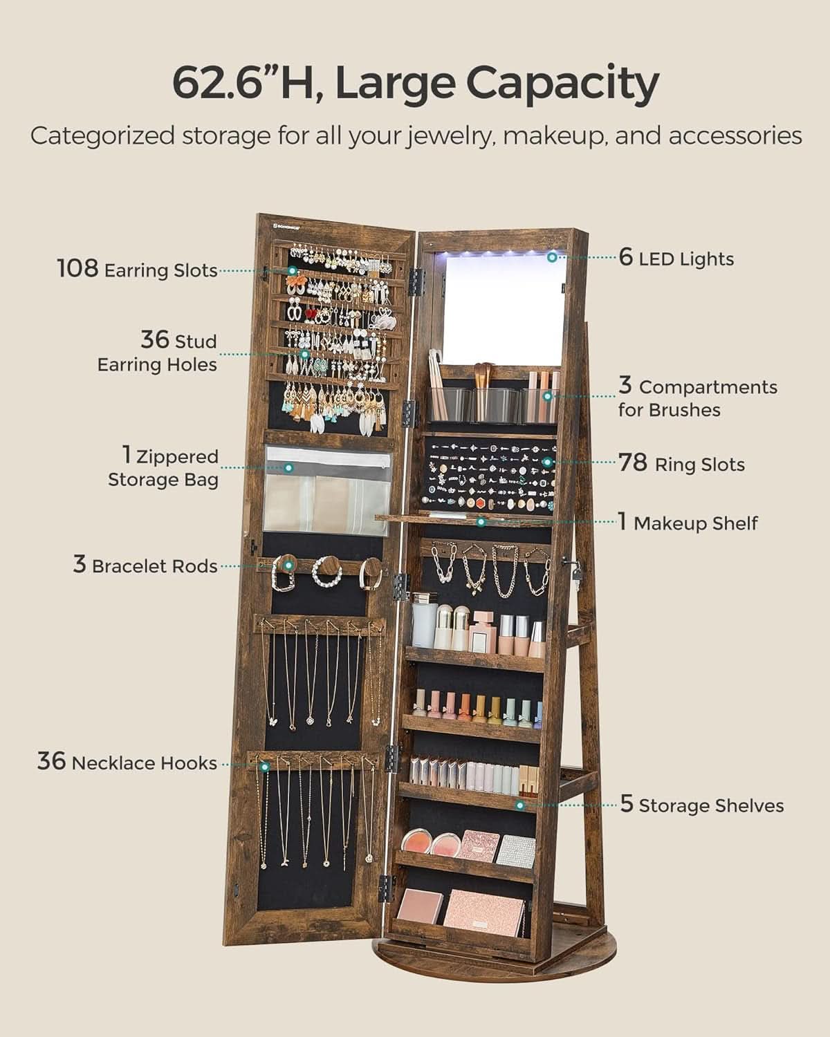 Rustic Brown LED Mirror Jewelry Cabinet Armoire Lockable