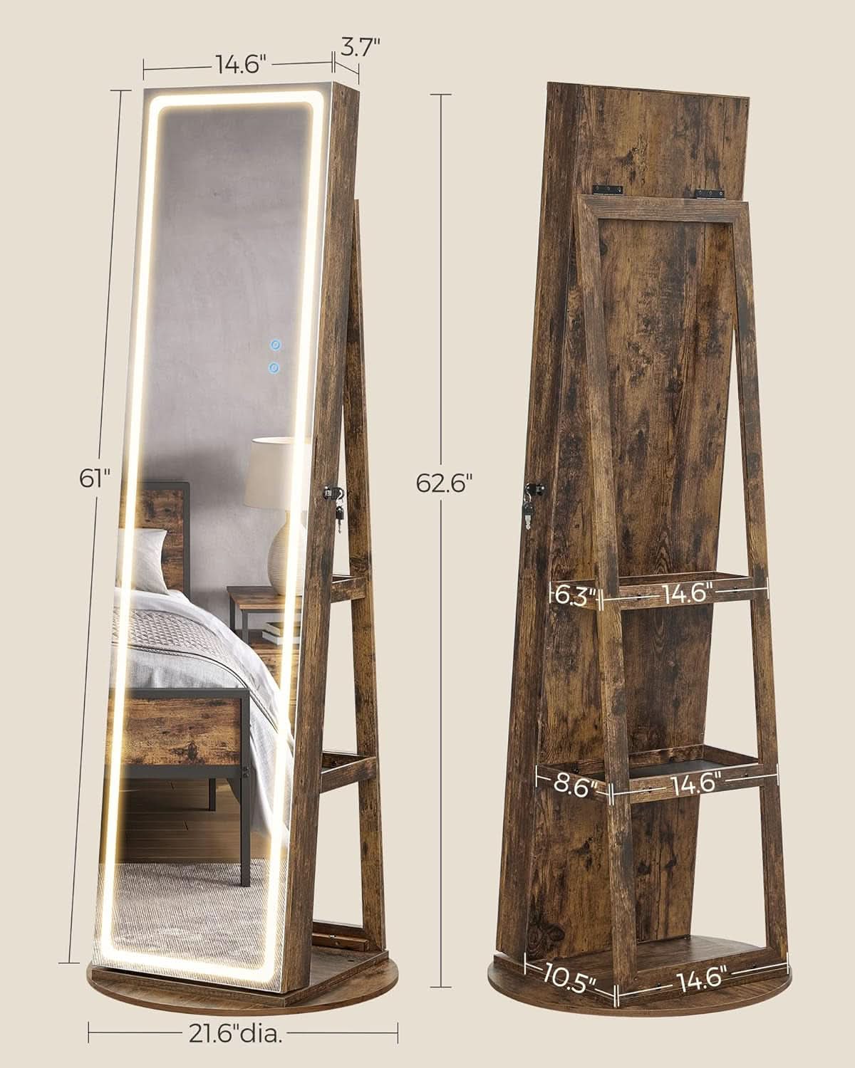 Rustic Brown LED Mirror Jewelry Cabinet Armoire Lockable
