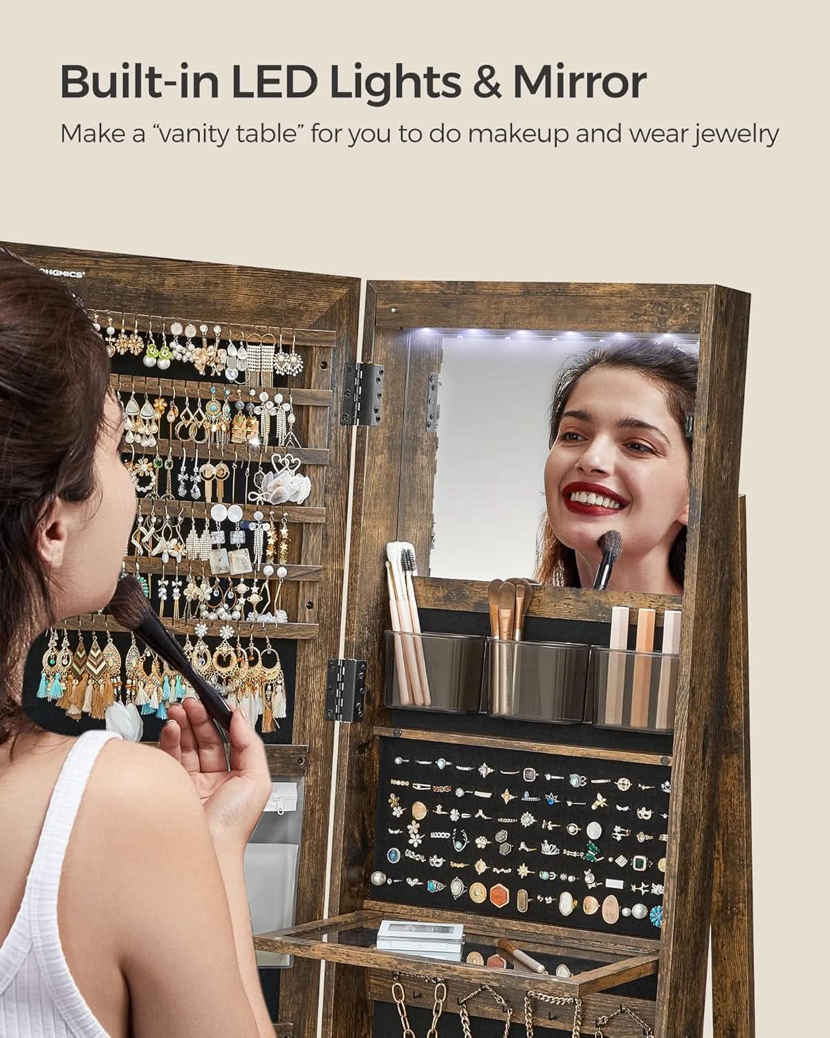 Rustic Brown LED Mirror Jewelry Cabinet Armoire Lockable