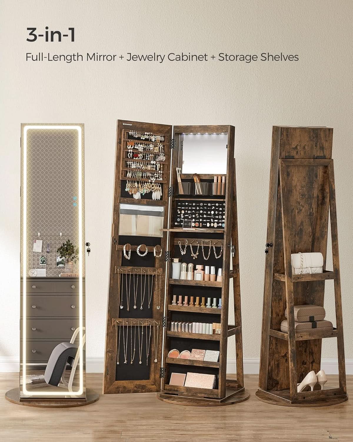 Rustic Brown LED Mirror Jewelry Cabinet Armoire Lockable