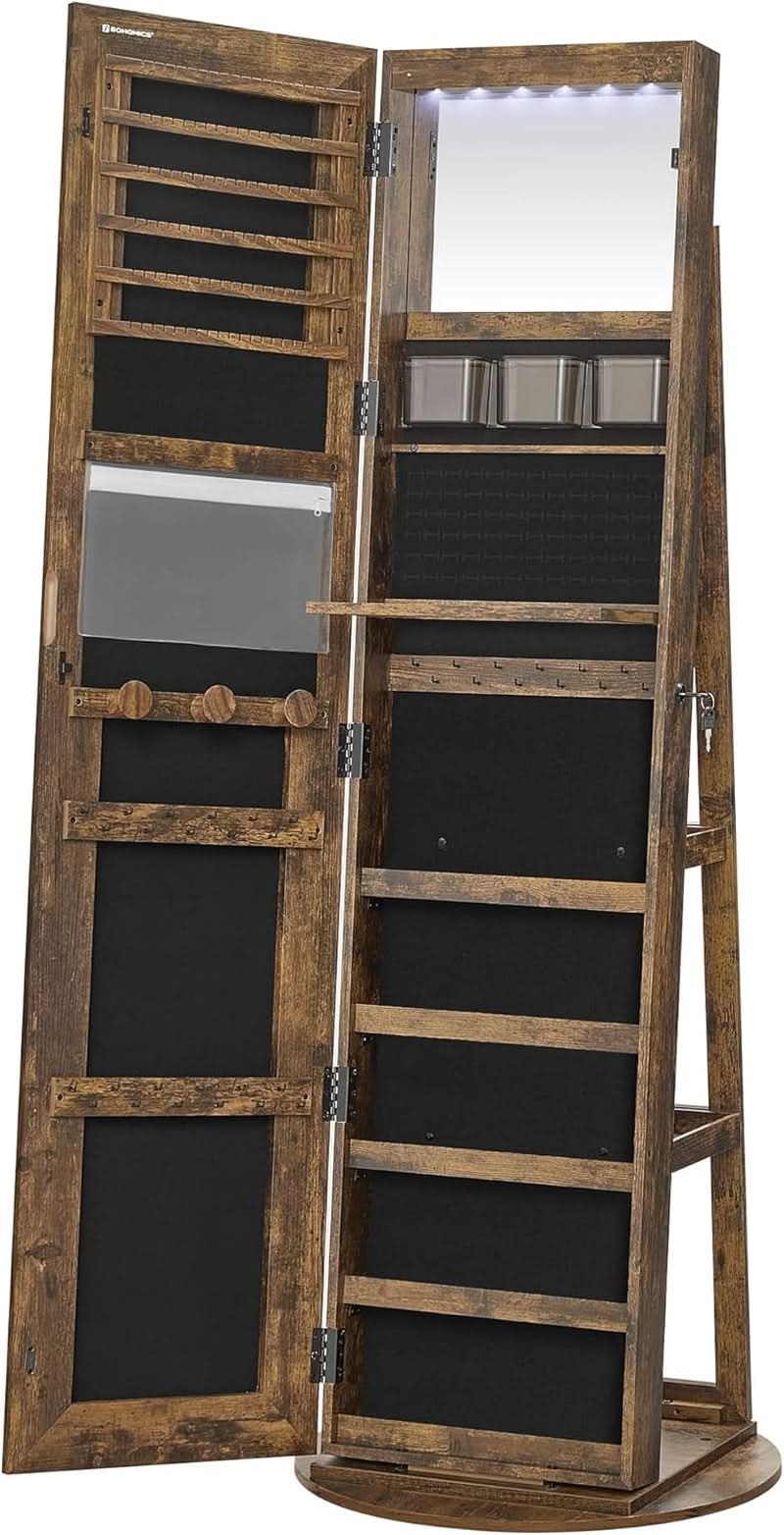 Rustic Brown LED Mirror Jewelry Cabinet Armoire Lockable
