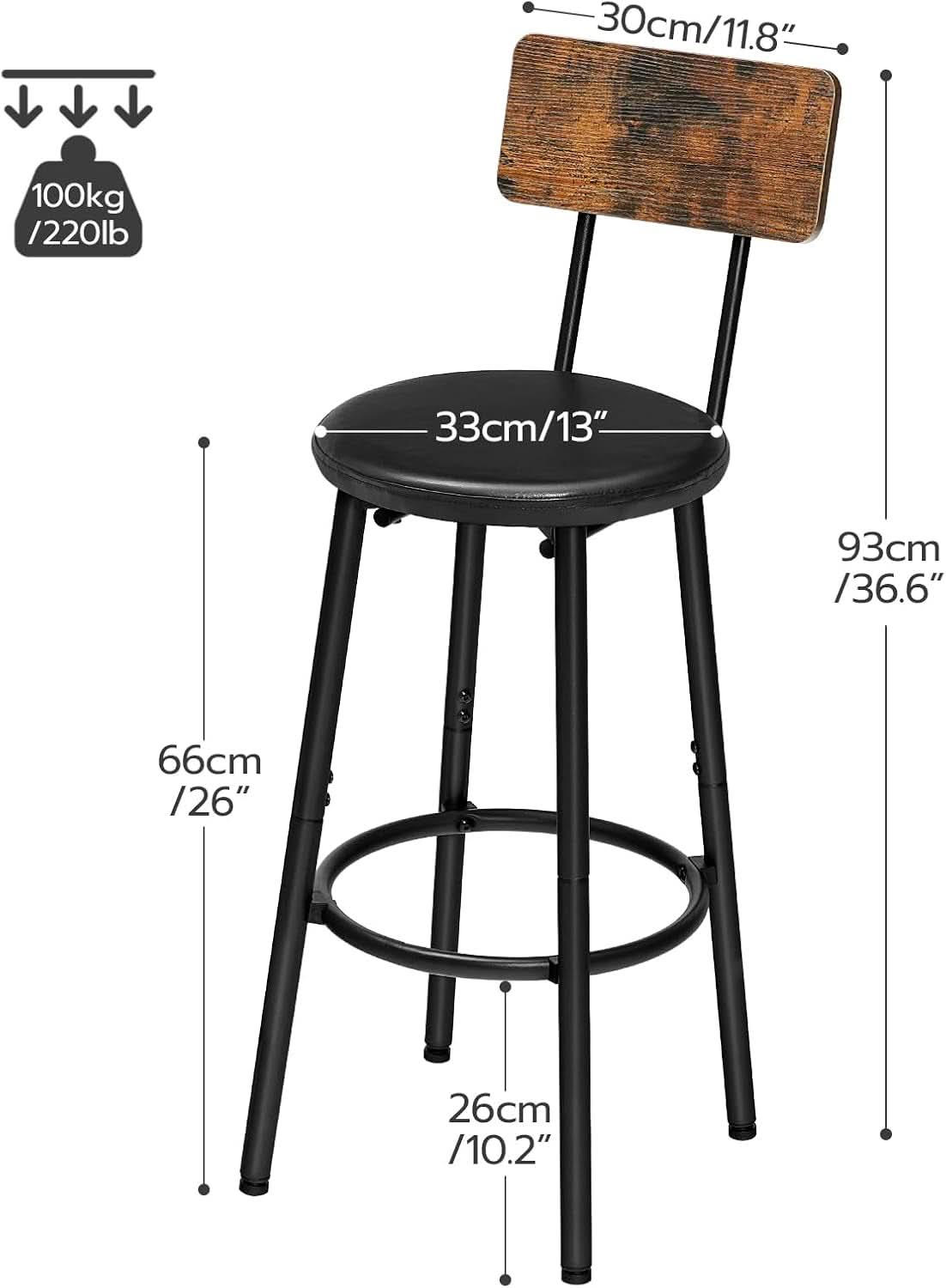 Rustic Brown PU Bar Stools Set of 2 26 Inch With Footrest