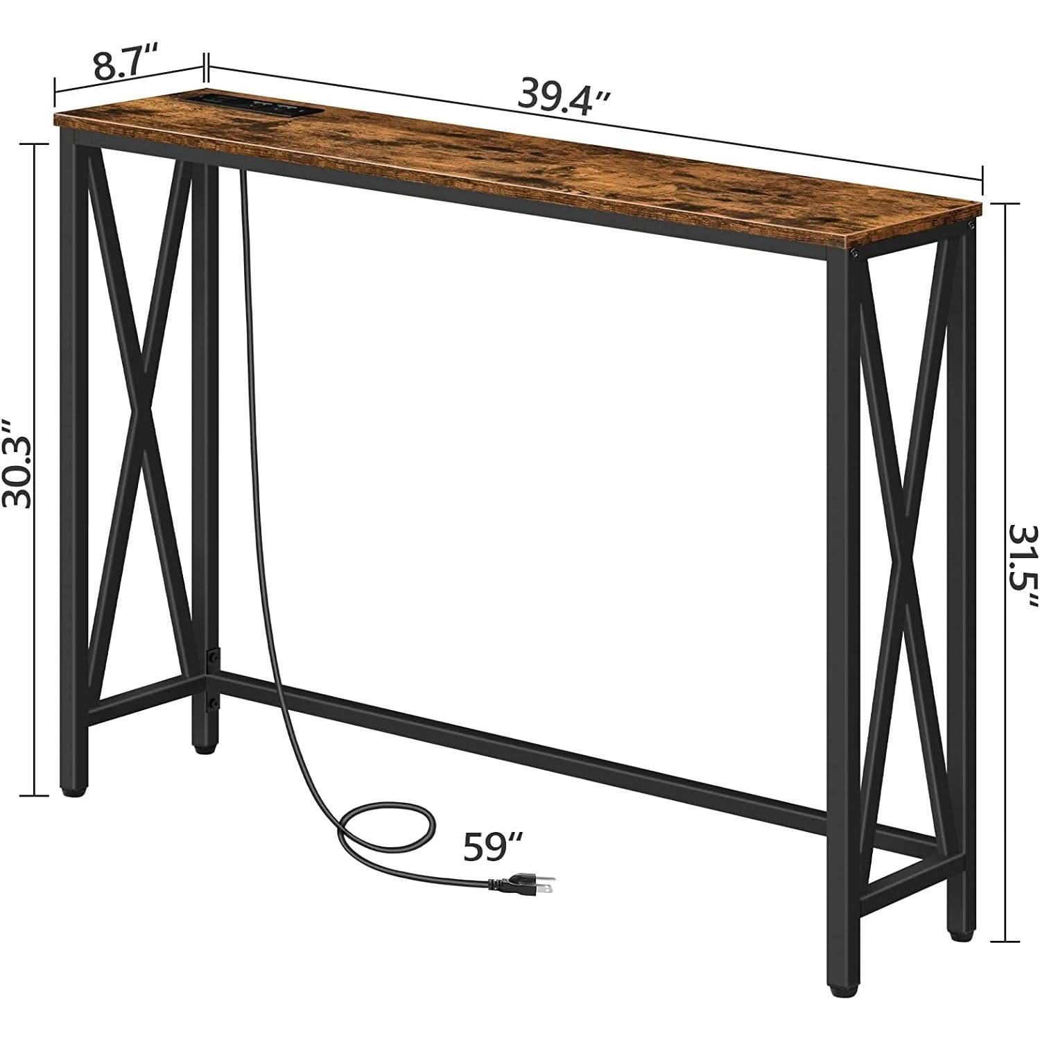 Rustic Brown Sofa Table With Power Outlet And USB Ports
