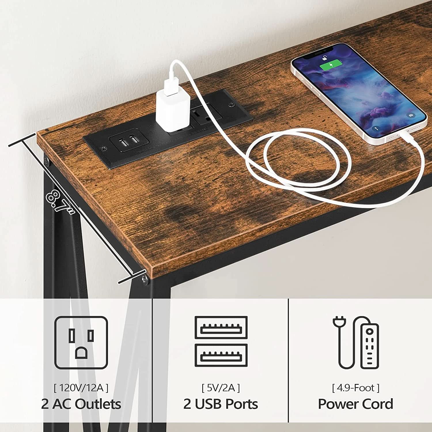 Rustic Brown Sofa Table With Power Outlet And USB Ports