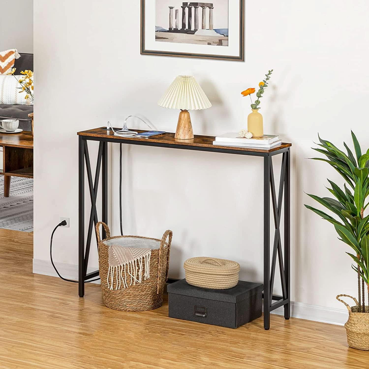 Rustic Brown Sofa Table With Power Outlet And USB Ports