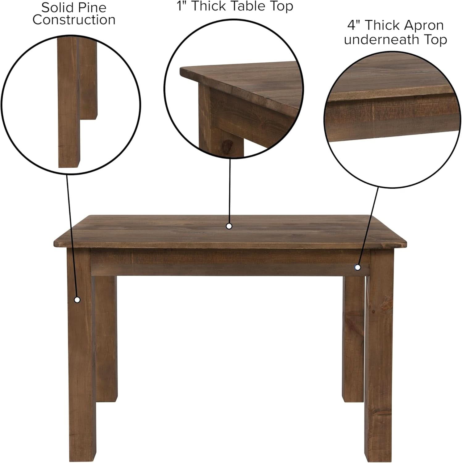 Rustic Brown Solid Wood Dining Table 46x30 Seats 4