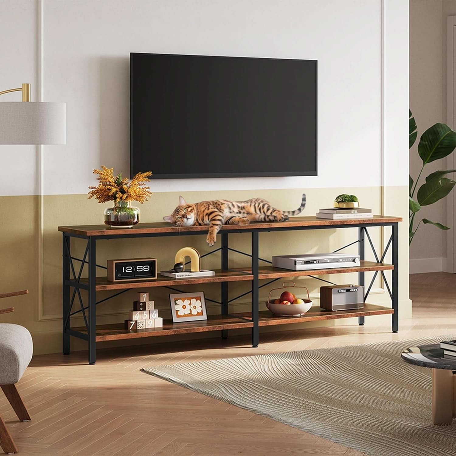Rustic Brown TV Stand For 50 To 70 TVs With 3 Tier Storage