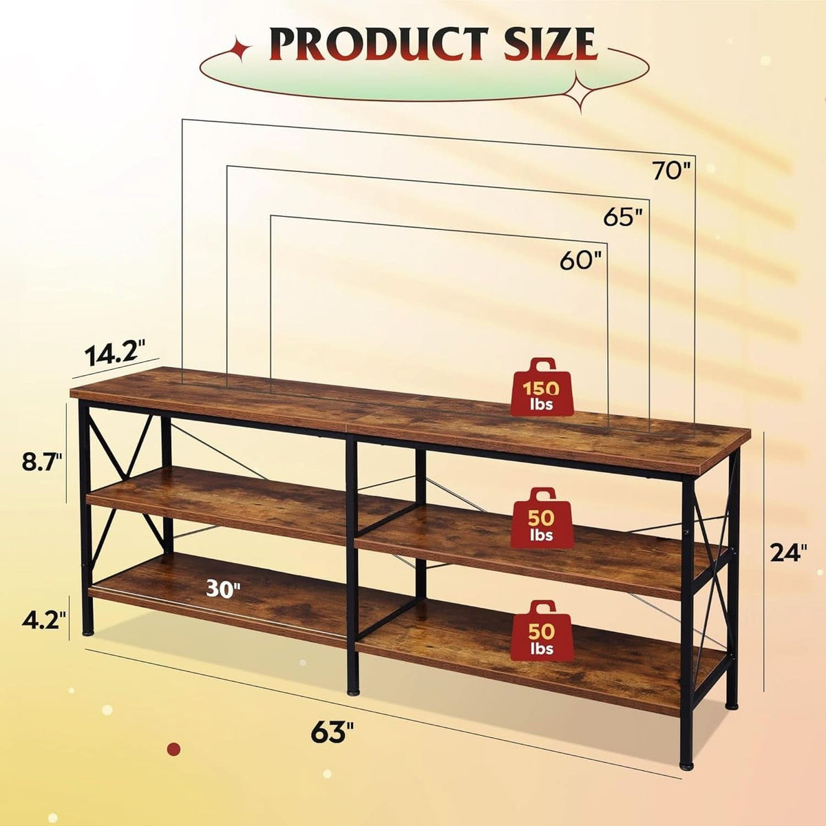 Rustic Brown TV Stand For 50 To 70 TVs With 3 Tier Storage