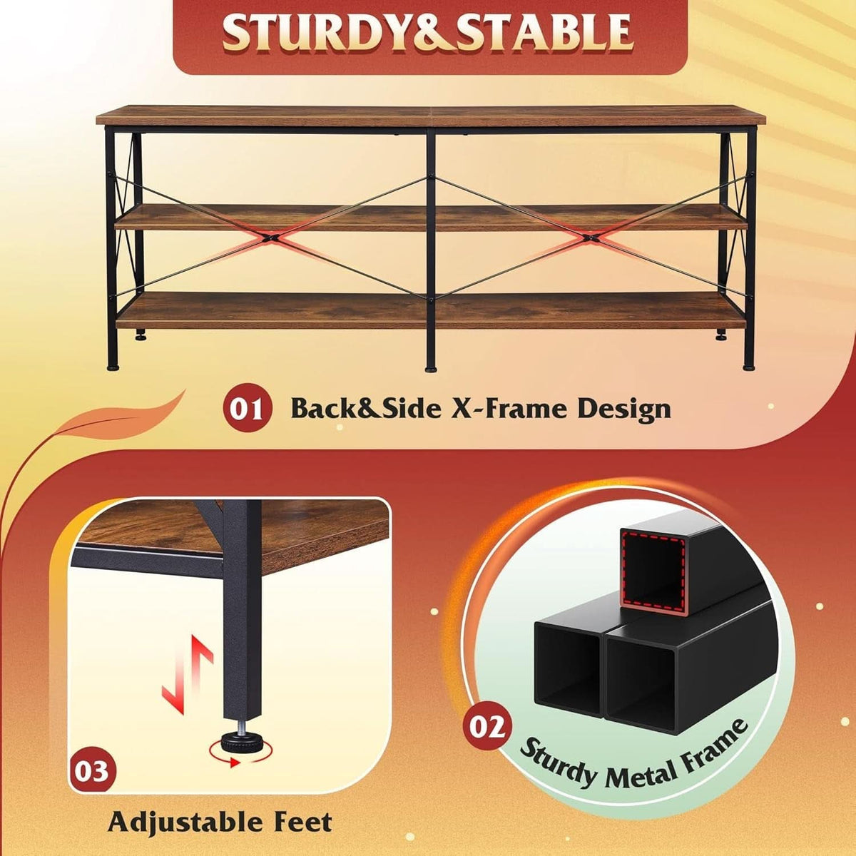 Rustic Brown TV Stand For 50 To 70 TVs With 3 Tier Storage