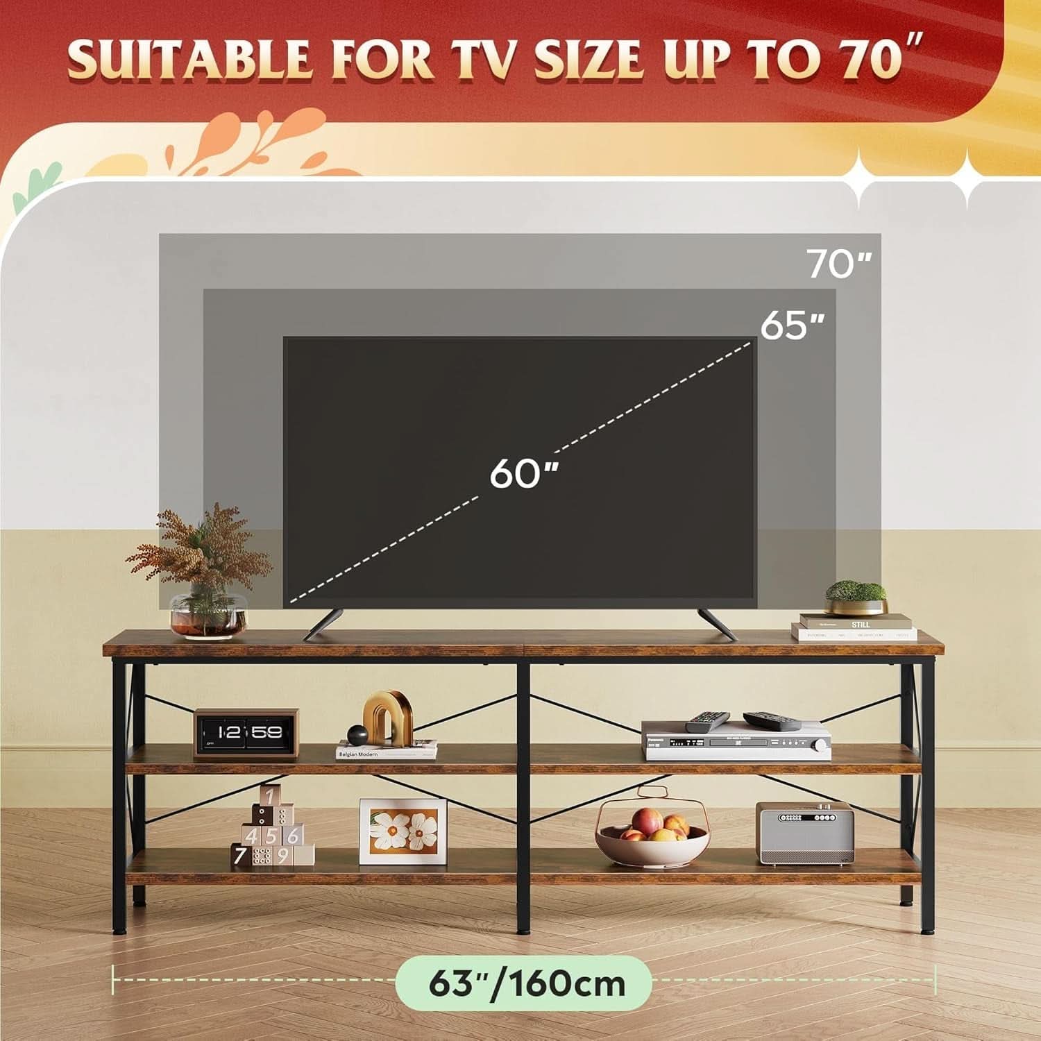 Rustic Brown TV Stand For 50 To 70 TVs With 3 Tier Storage