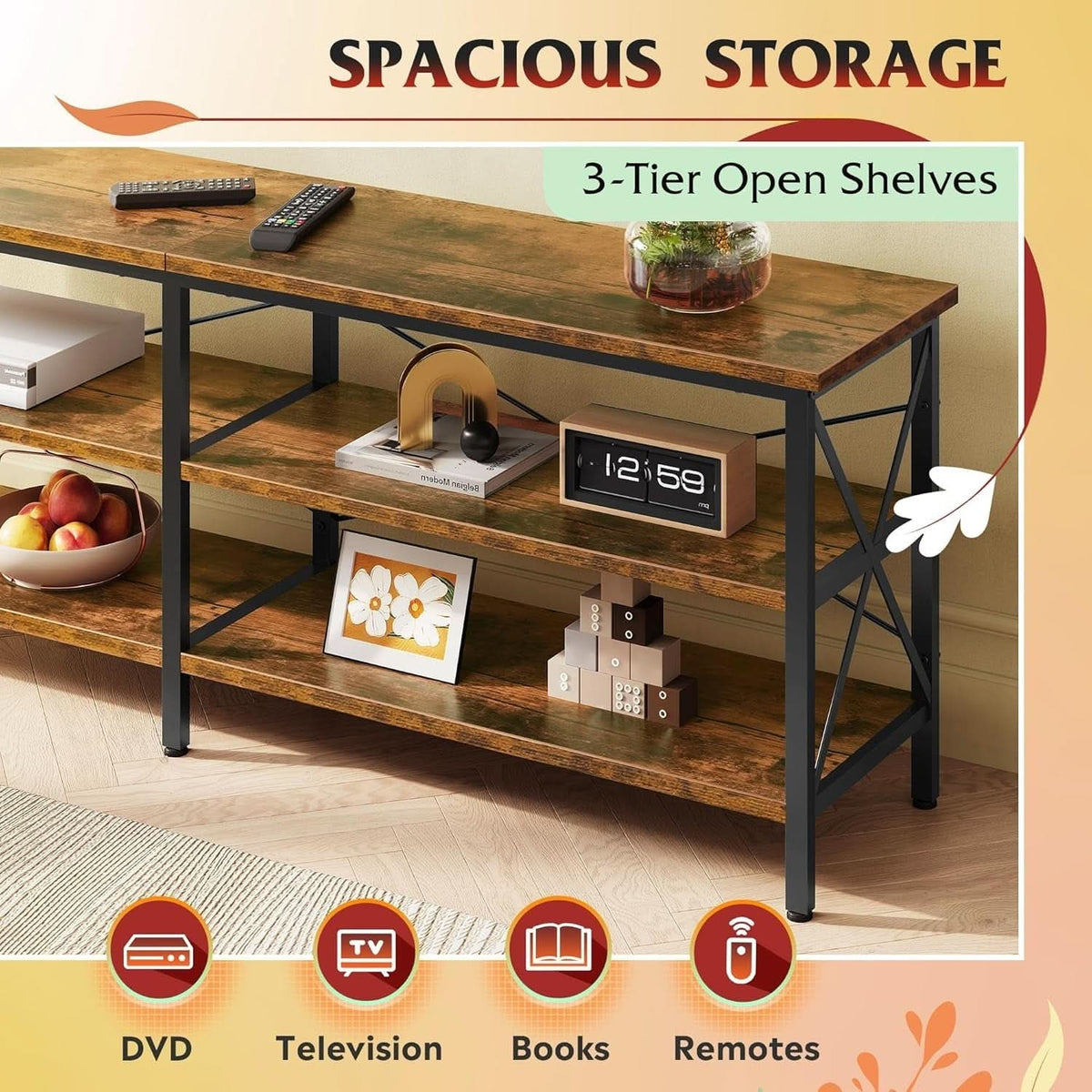 Rustic Brown TV Stand For 50 To 70 TVs With 3 Tier Storage