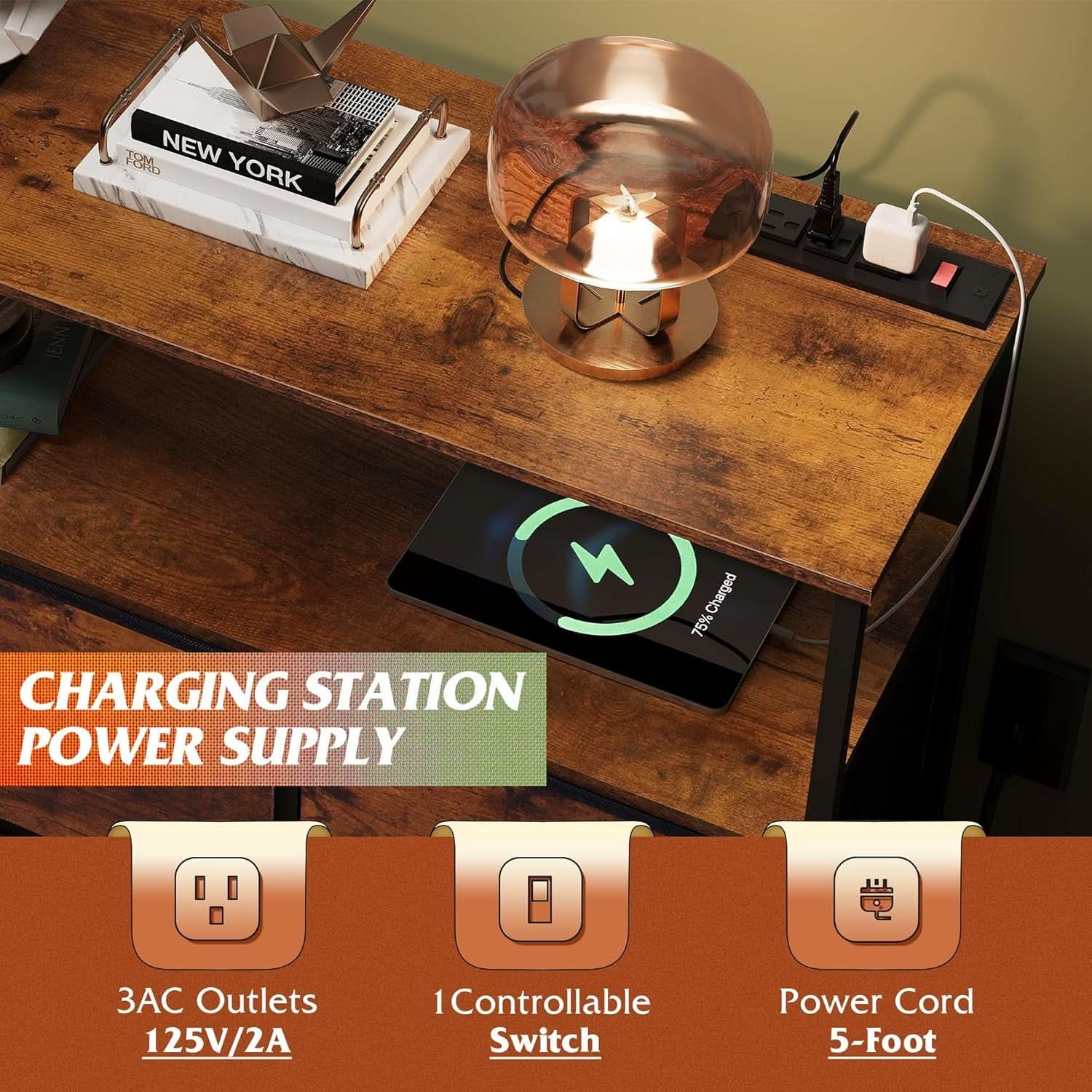 Rustic Brown TV Stand With Built In Charging Station