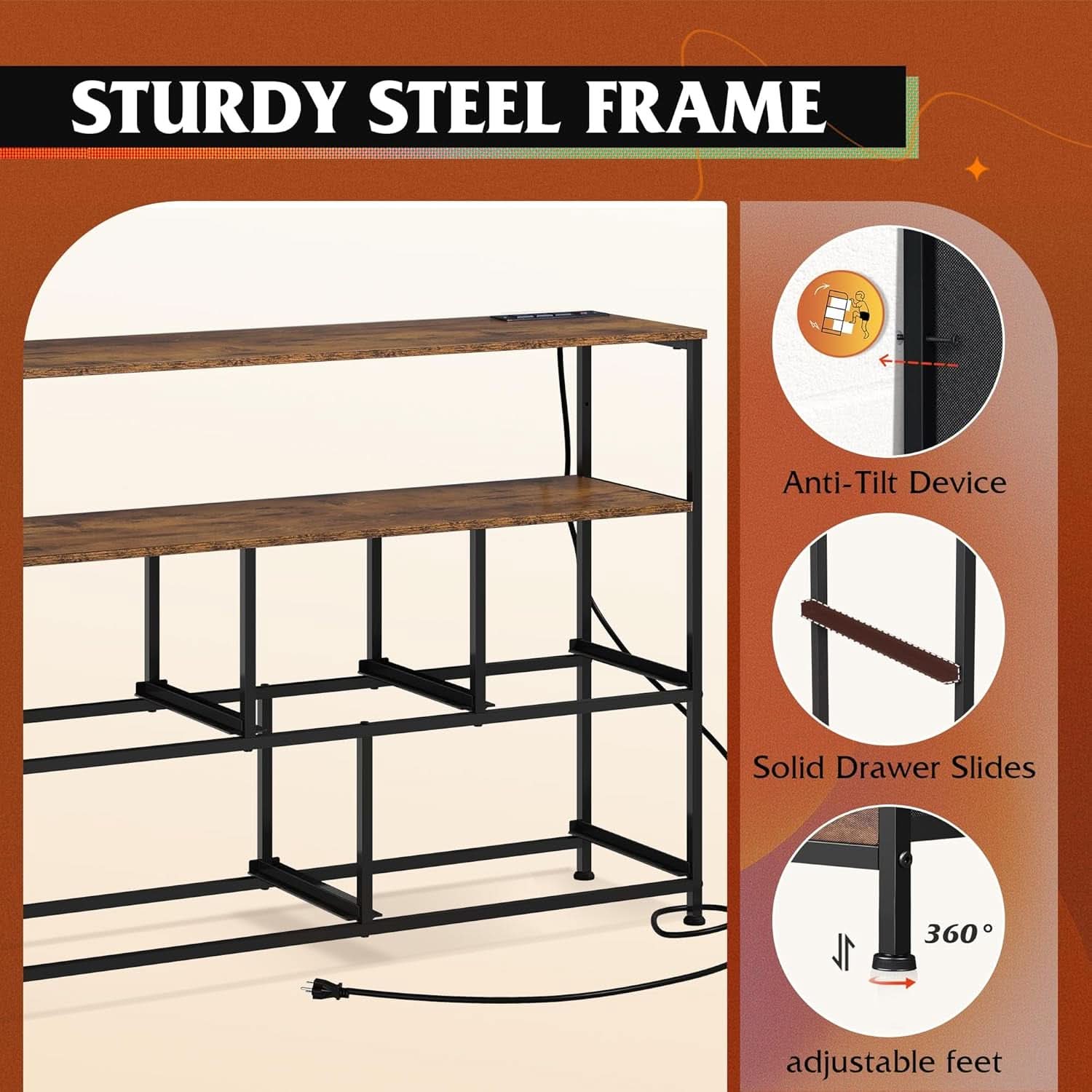 Rustic Brown TV Stand With Built In Charging Station
