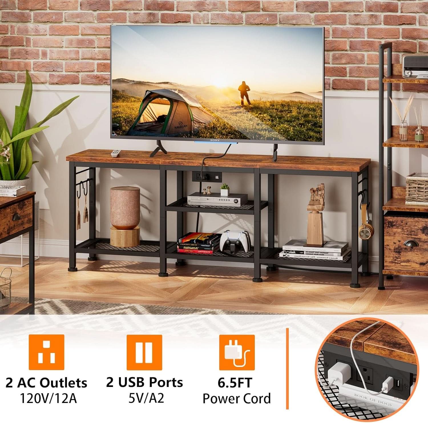 Rustic Brown TV Stand With Power Outlets For 55 Inch TVs