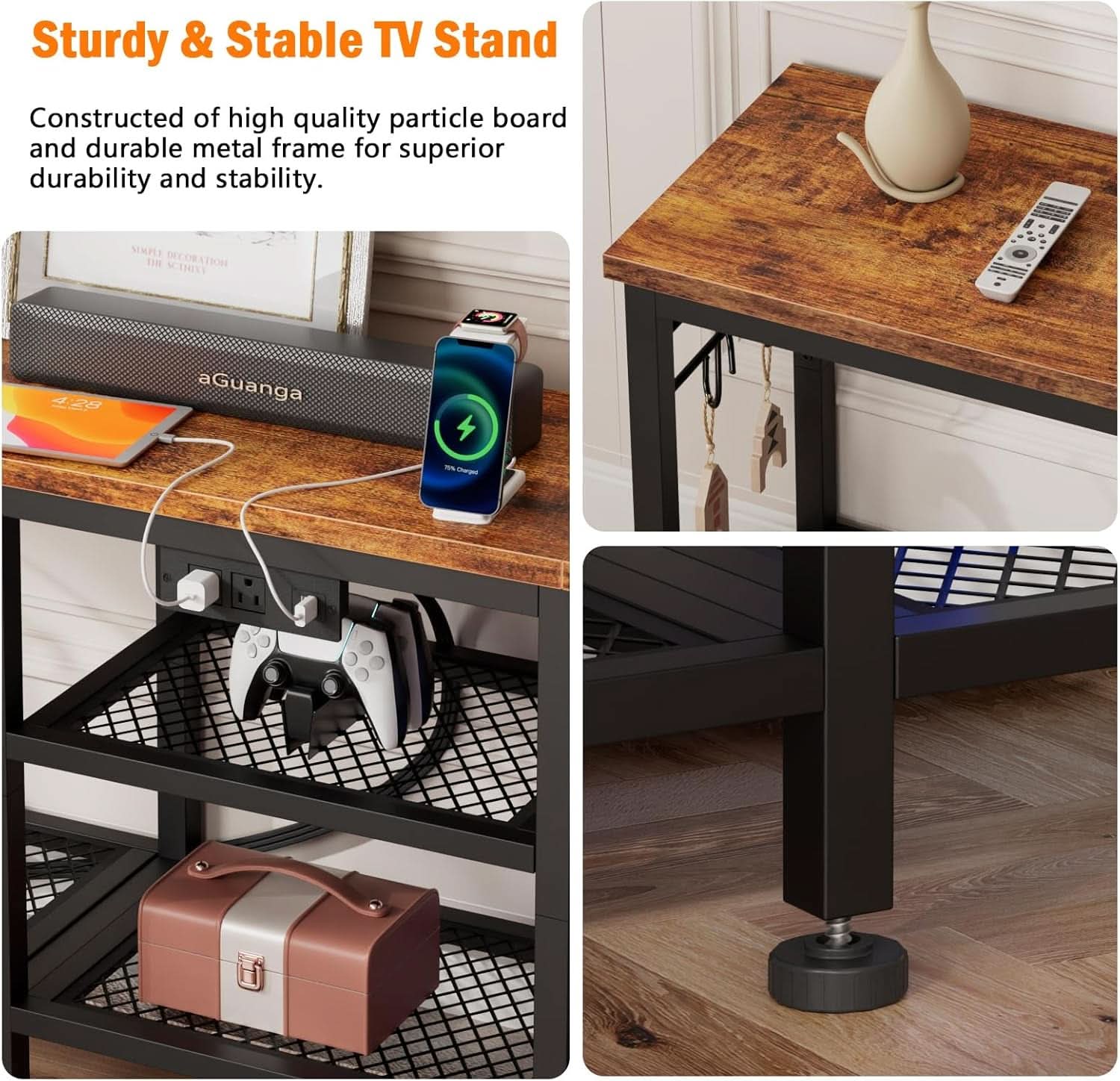 Rustic Brown TV Stand With Power Outlets For 55 Inch TVs