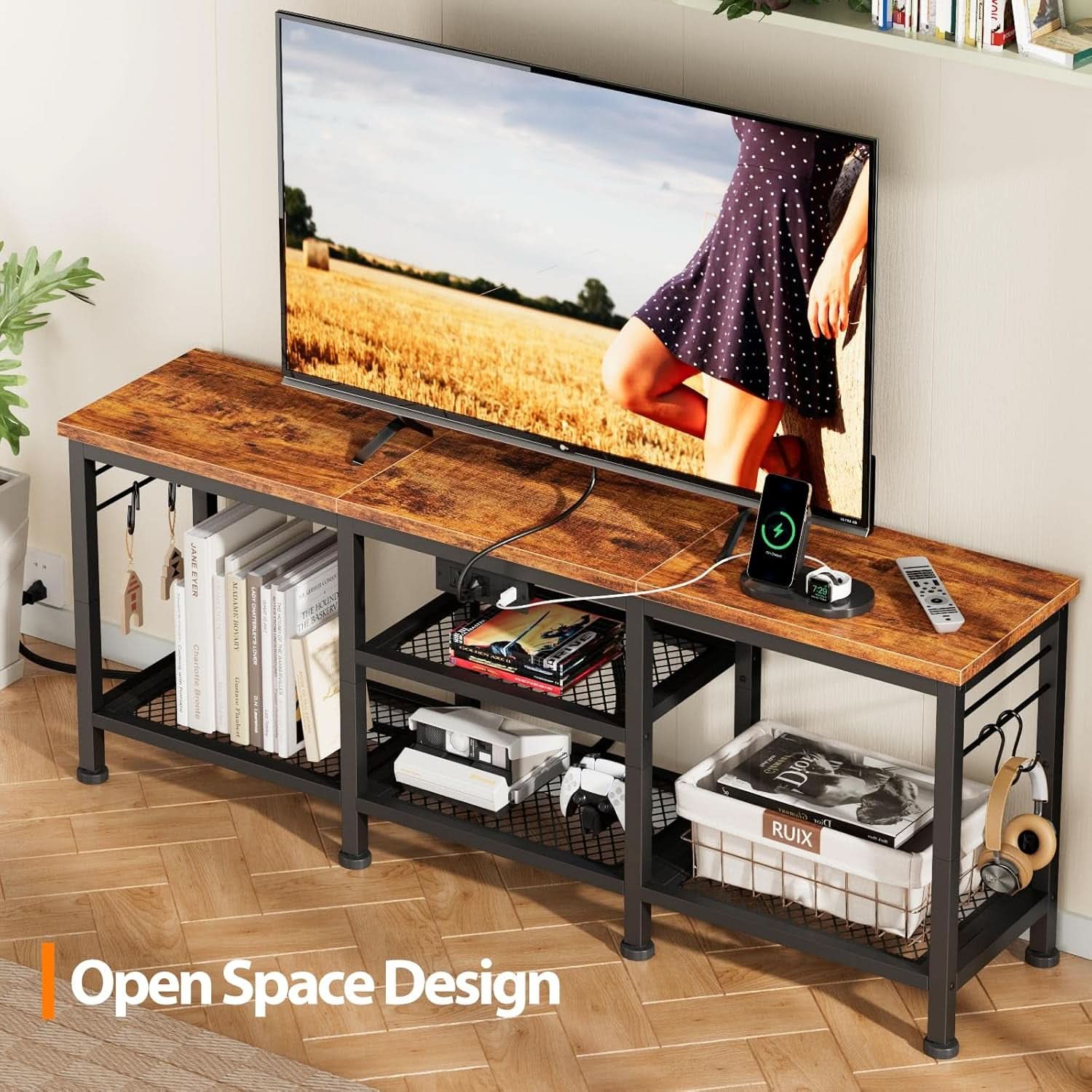 Rustic Brown TV Stand With Power Outlets For 55 Inch TVs