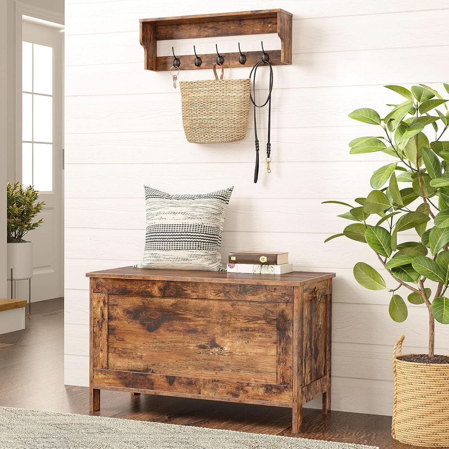 Rustic Brown Toy Box LargeCapacityStorage Bench Hinge