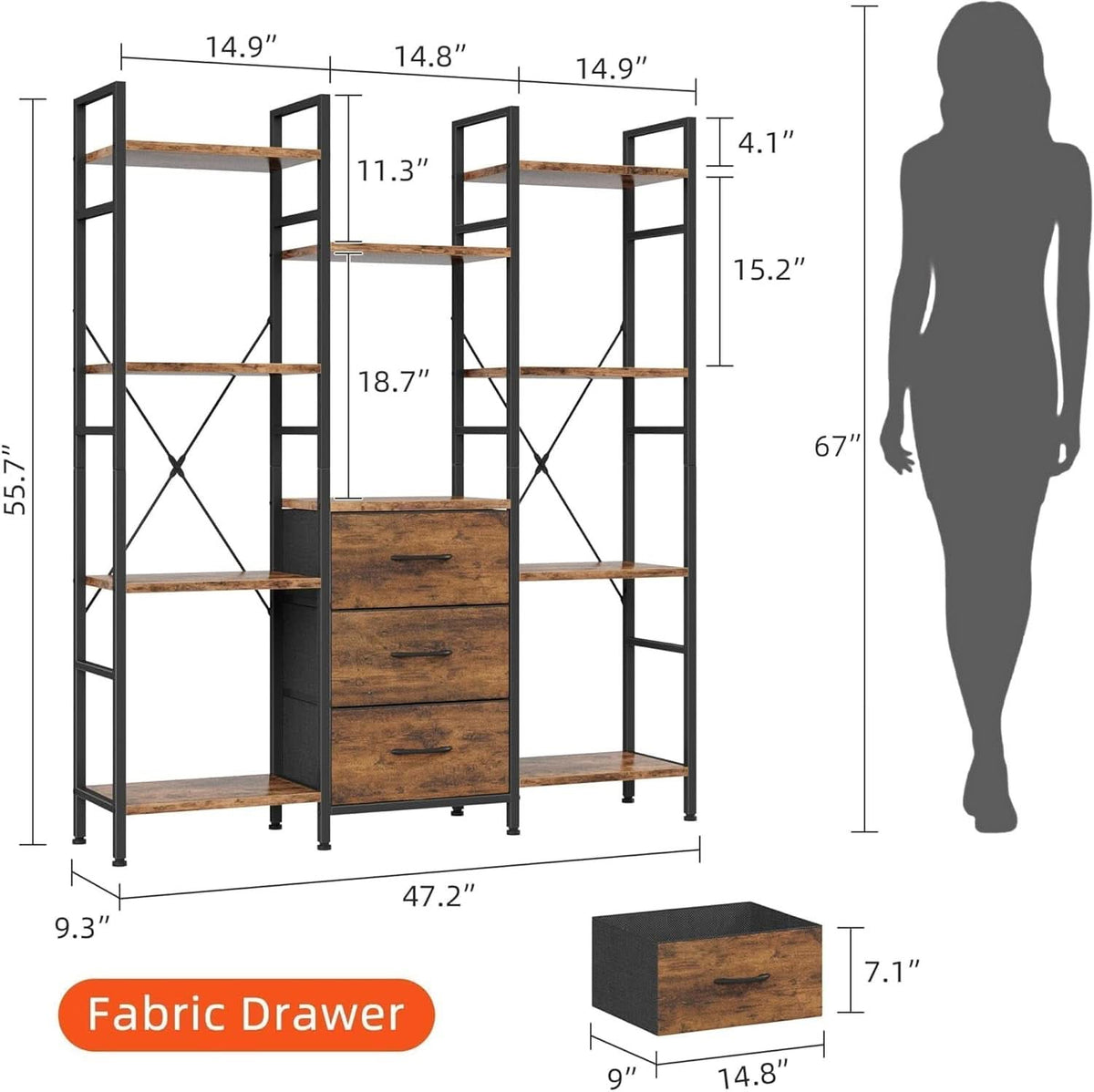 Rustic Brown Triple Bookshelf With Drawers 47 Inch Wide