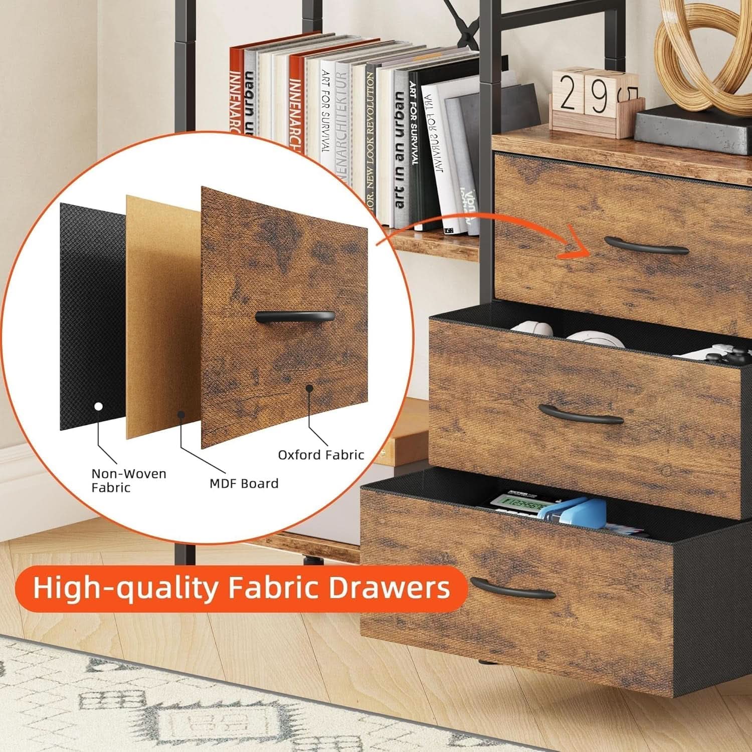 Rustic Brown Triple Bookshelf With Drawers 47 Inch Wide