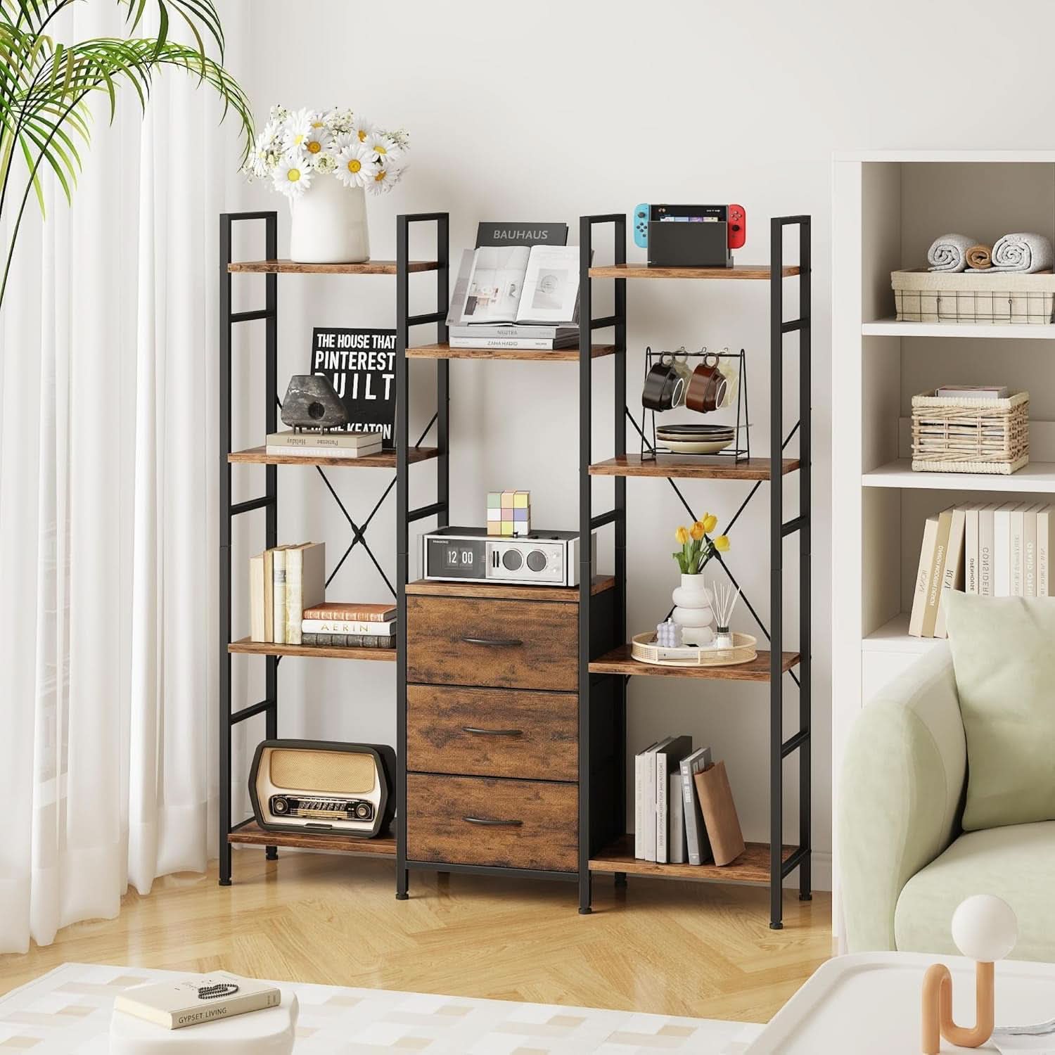Rustic Brown Triple Bookshelf With Drawers 47 Inch Wide