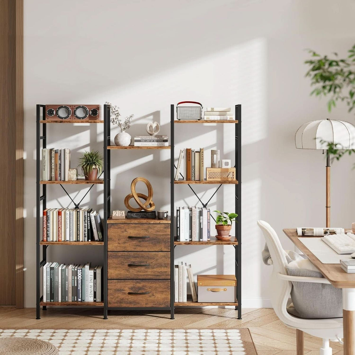 Rustic Brown Triple Bookshelf With Drawers 47 Inch Wide