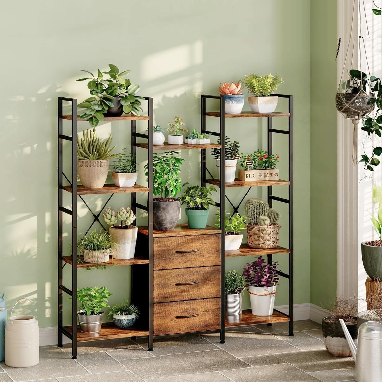 Rustic Brown Triple Bookshelf With Drawers 47 Inch Wide