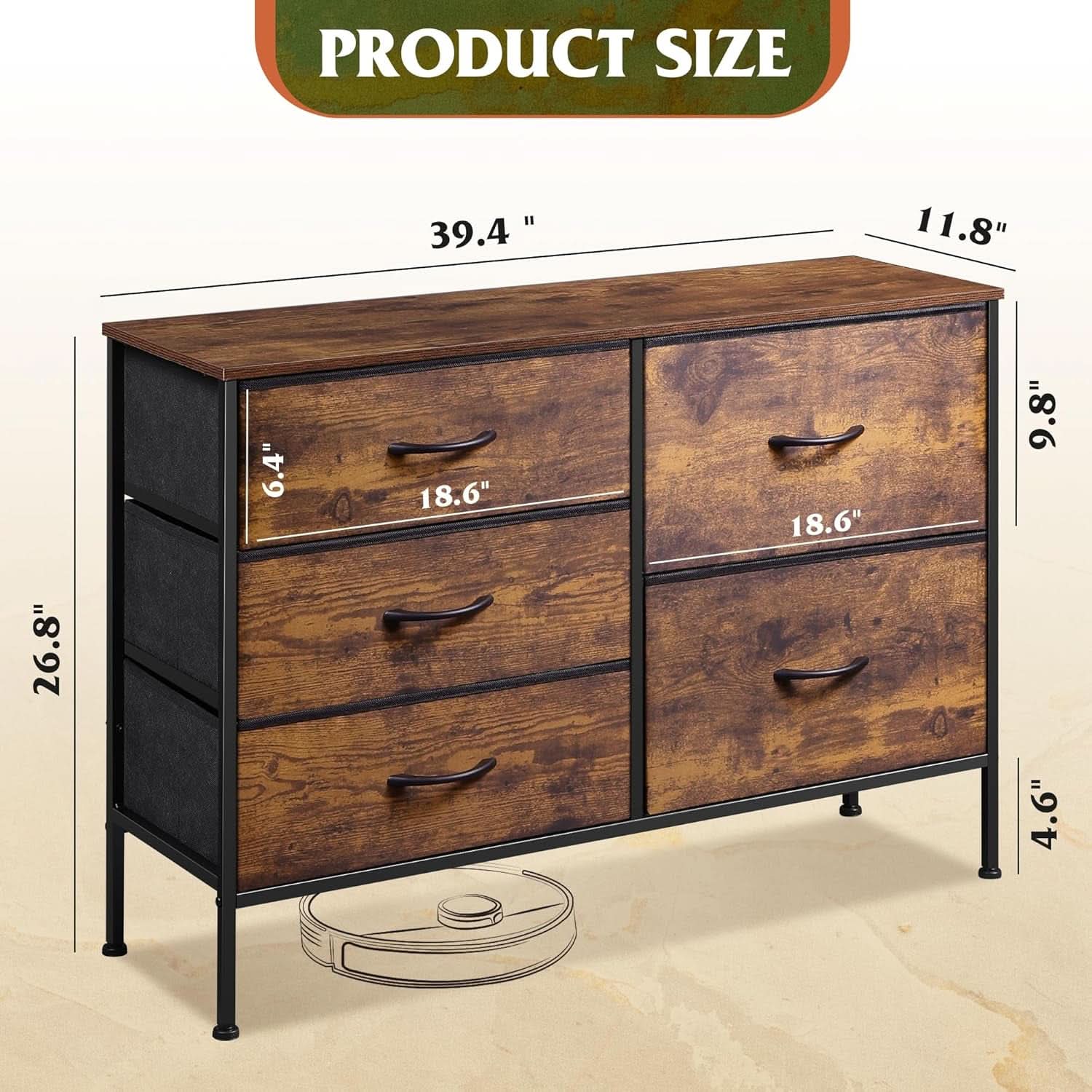 Rustic Brown Wood Grain 5 Drawer Dresser For Bedroom