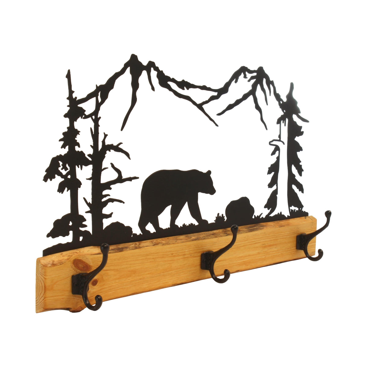 Rustic Coat Rack With 3 Hooks - Pine Wood Coat Hanger with Wilderness Metal Art Silhouette